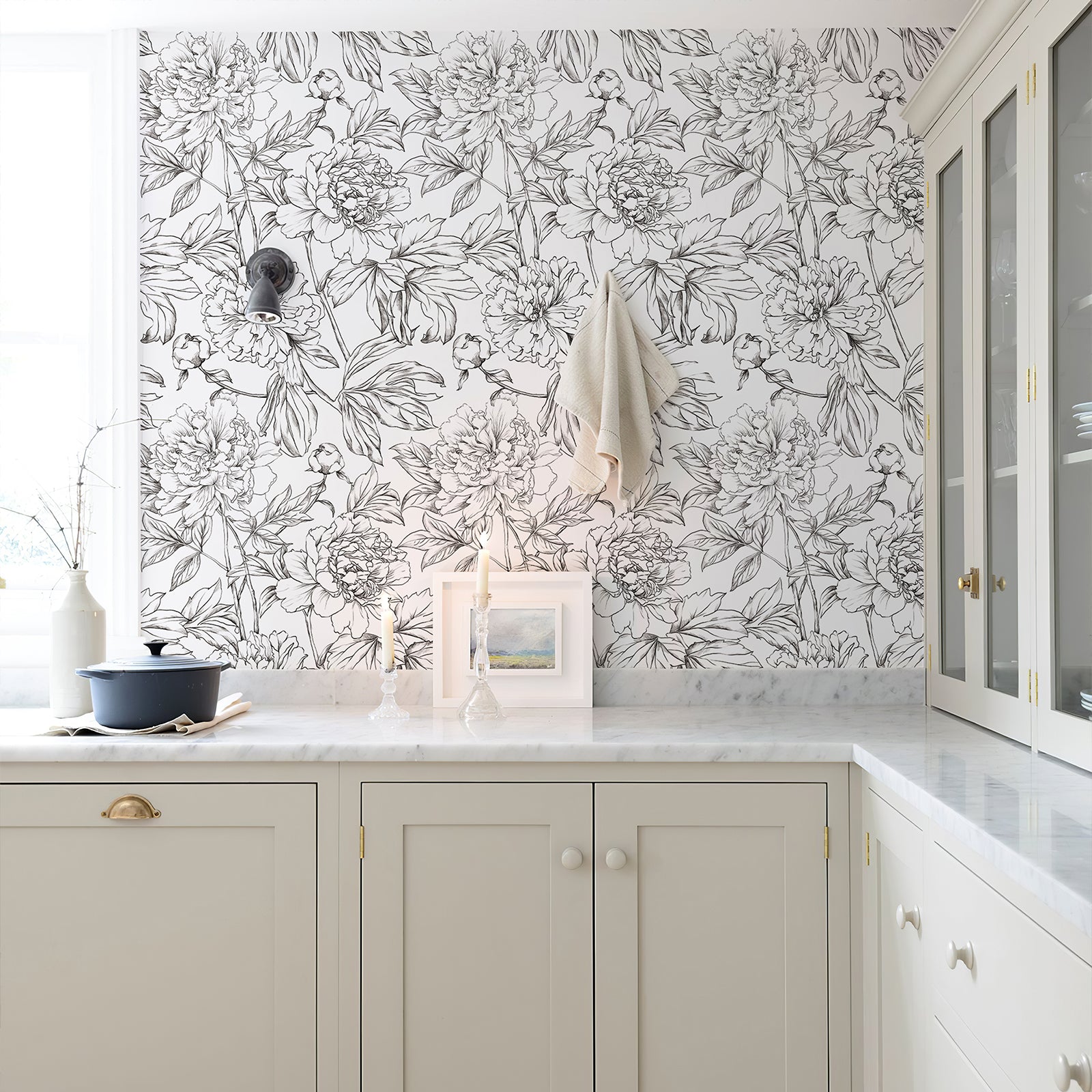 Green Floral Line Botanical Peel and Stick Wallpaper