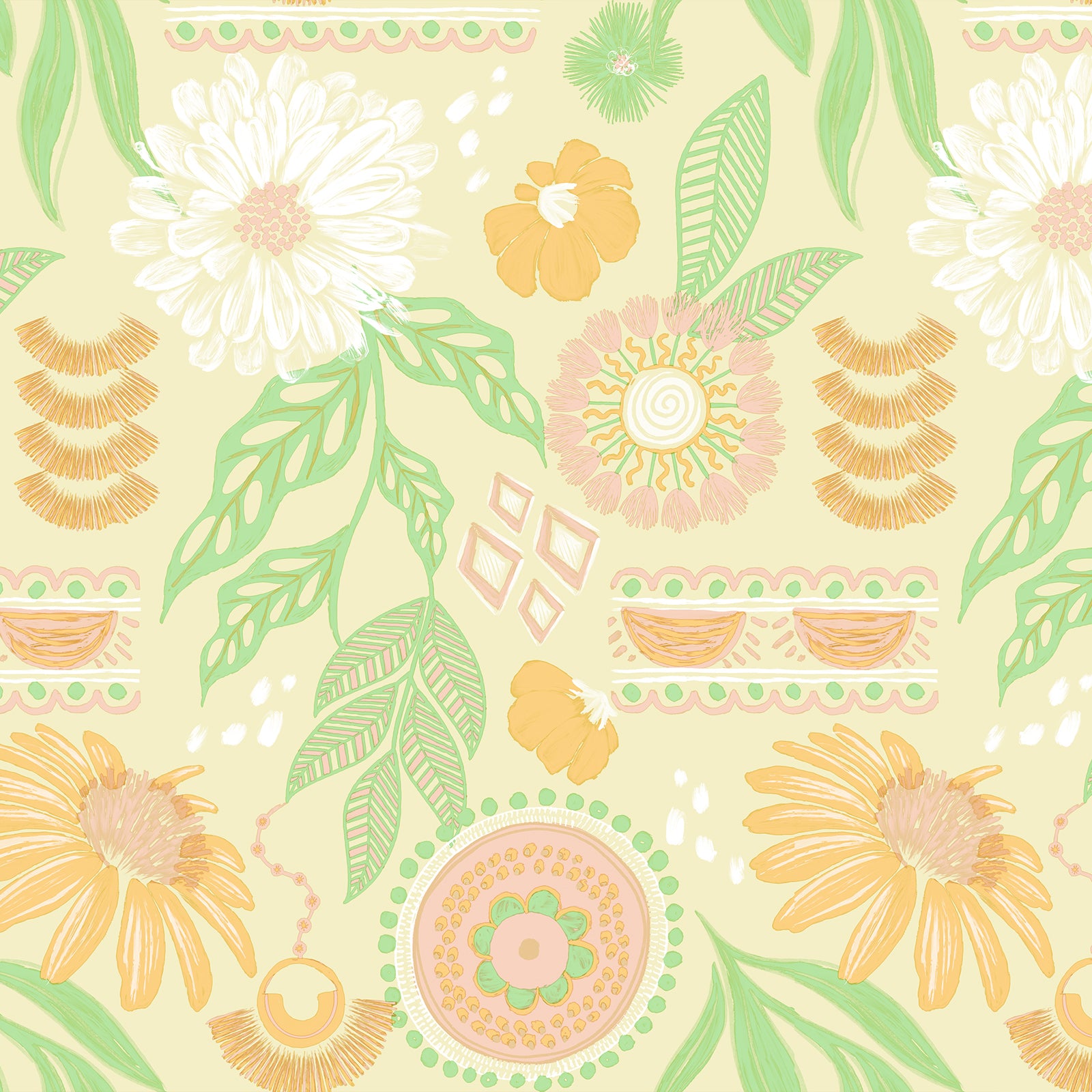 Bohemian-Style Sunflower and Floral Pattern Wallpaper