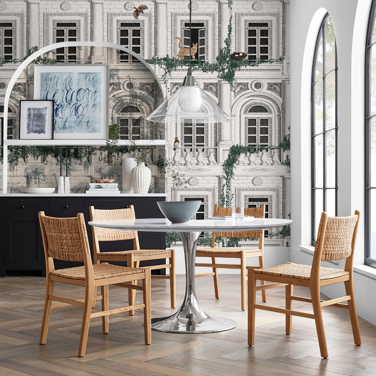 Classical Building with Plants and Animals Peel and Stick Wall Mural