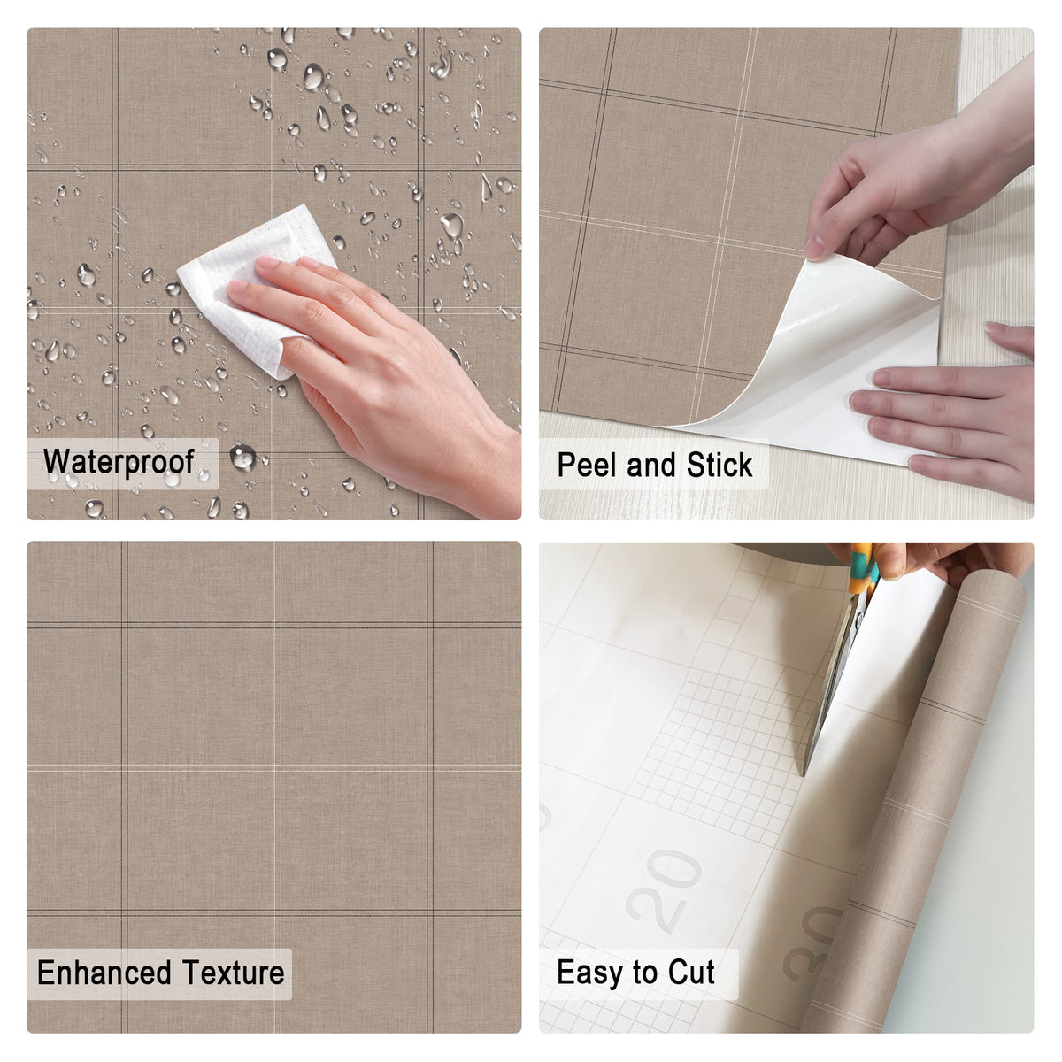Truffle Brown Linen Textured Grid Peel and Stick Wallpaper