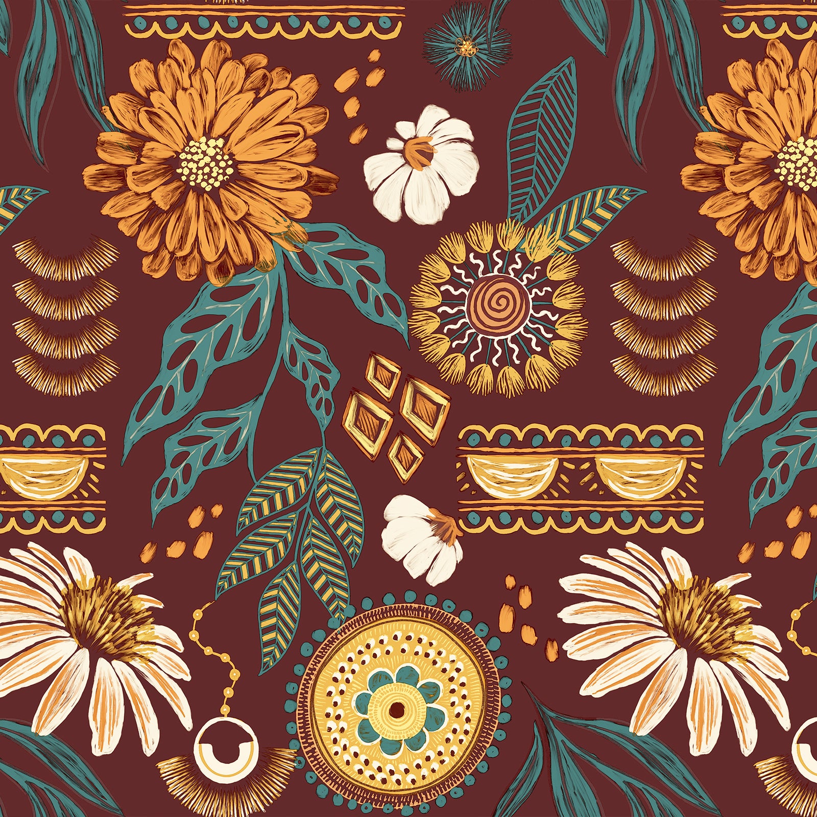 Bohemian-Style Sunflower and Floral Pattern Wallpaper