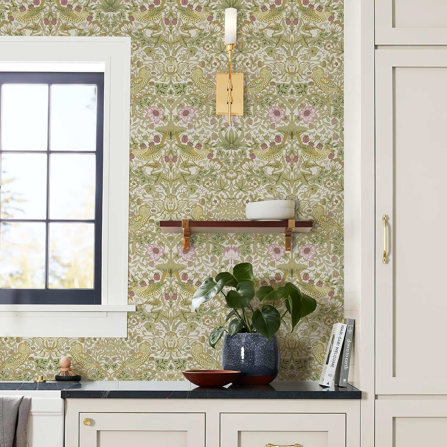 William Morris Self-Adhesive Wallpaper—Vintage Floral, Bird, and Strawberry Pattern