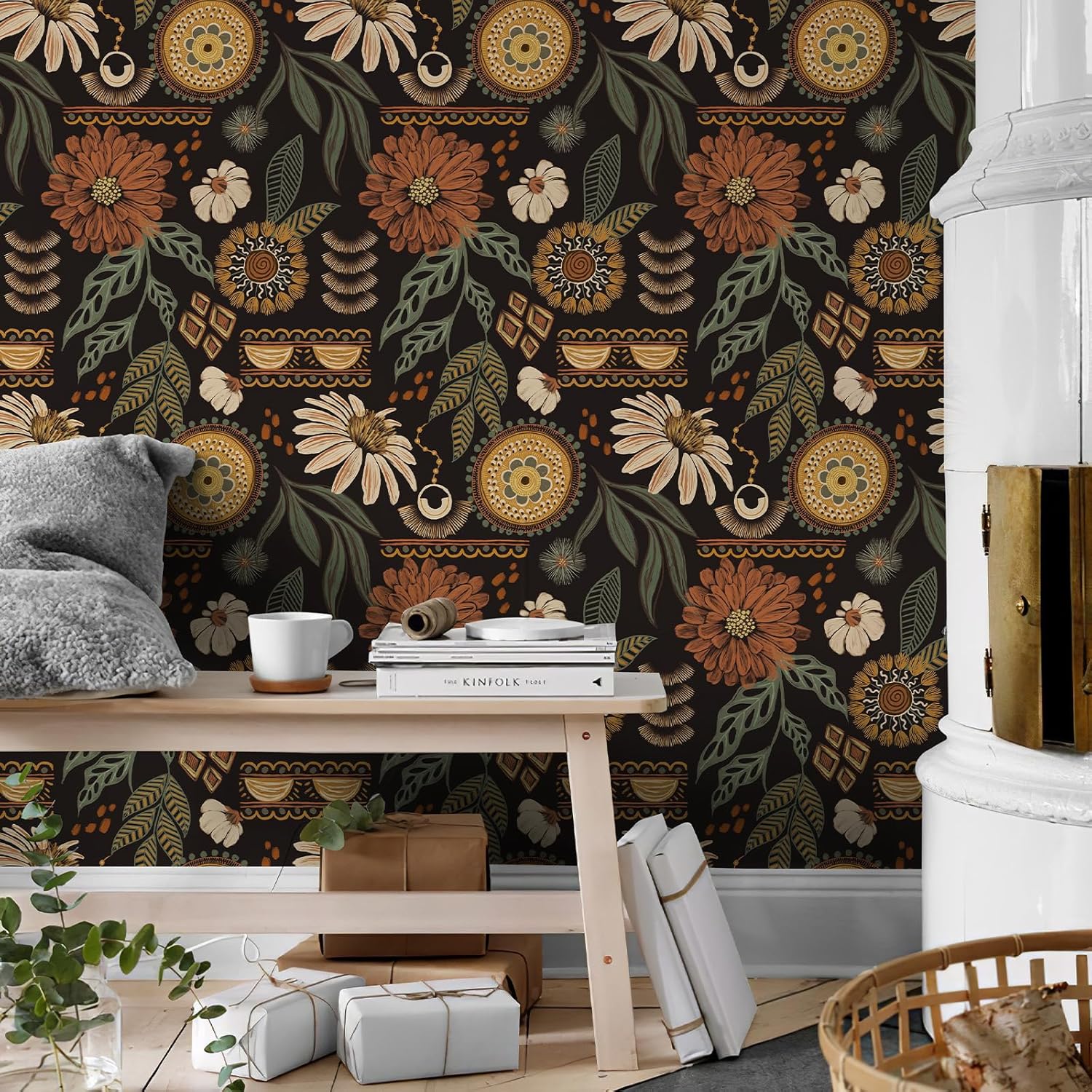 Bohemian-Style Self-Adhesive Wallpaper — Vintage Sunflower and Floral Pattern