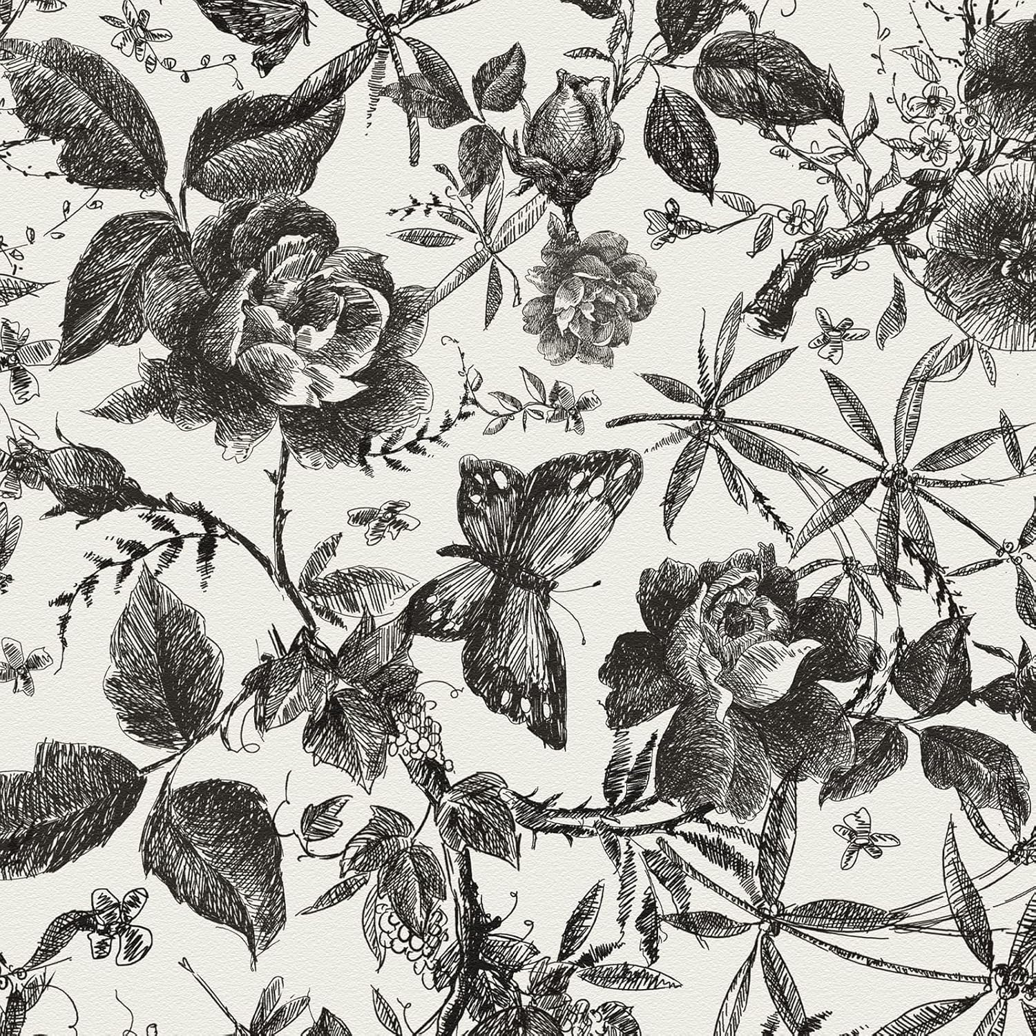 Vintage Butterfly and Floral Wallpaper — Black Rose Pattern