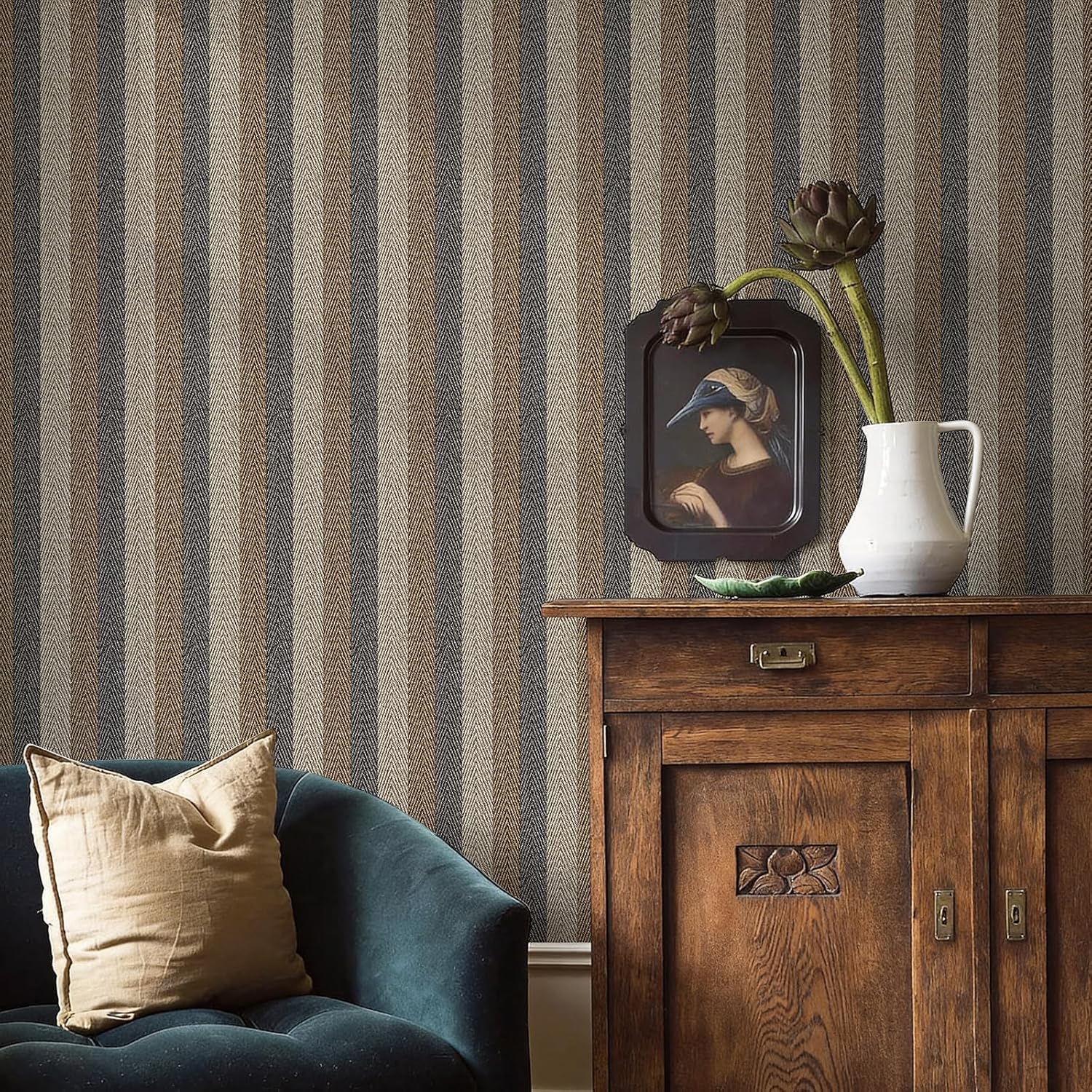 Textured Fabric Wallpaper — Beige/Brown/Gray Striped Woven Texture, Faux-Linen Feel
