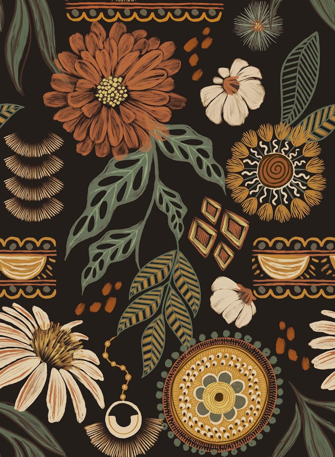 Bohemian-Style Sunflower and Floral Pattern Wallpaper