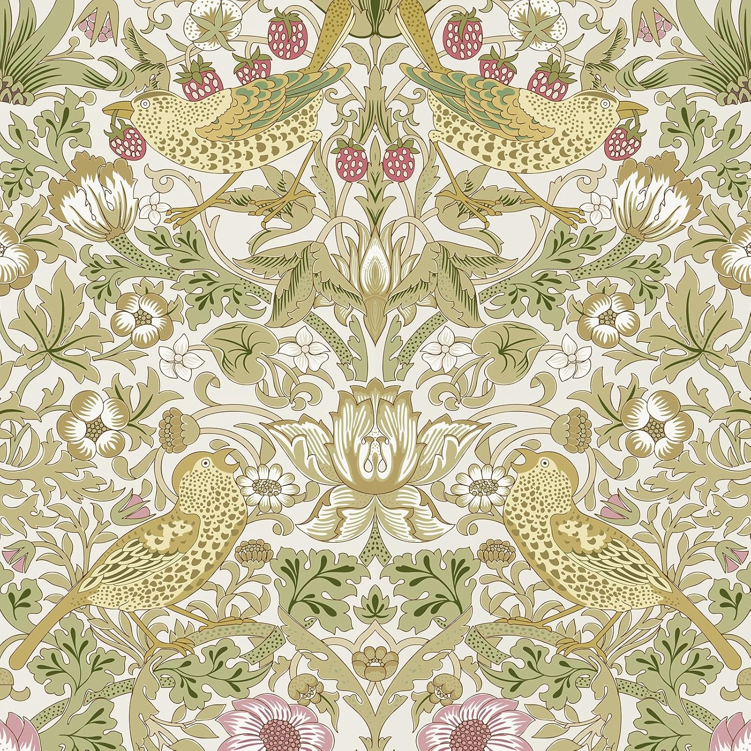 Vintage Floral, Bird, and Strawberry Pattern Wallpaper
