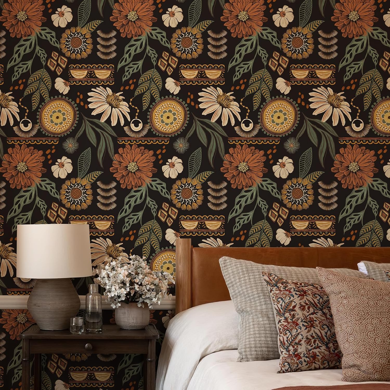 Bohemian-Style Sunflower and Floral Pattern Wallpaper