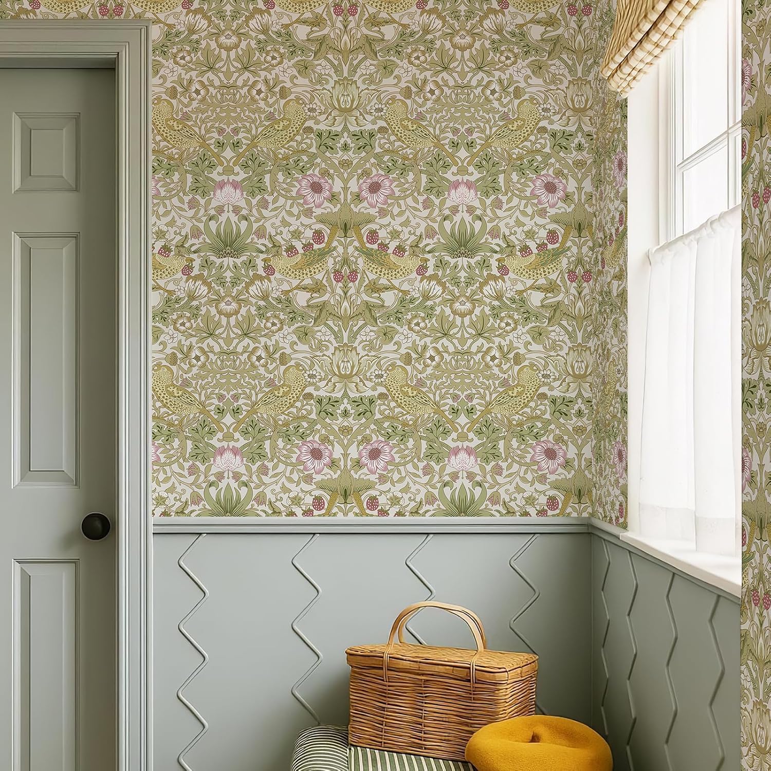 Vintage Floral, Bird, and Strawberry Pattern Wallpaper