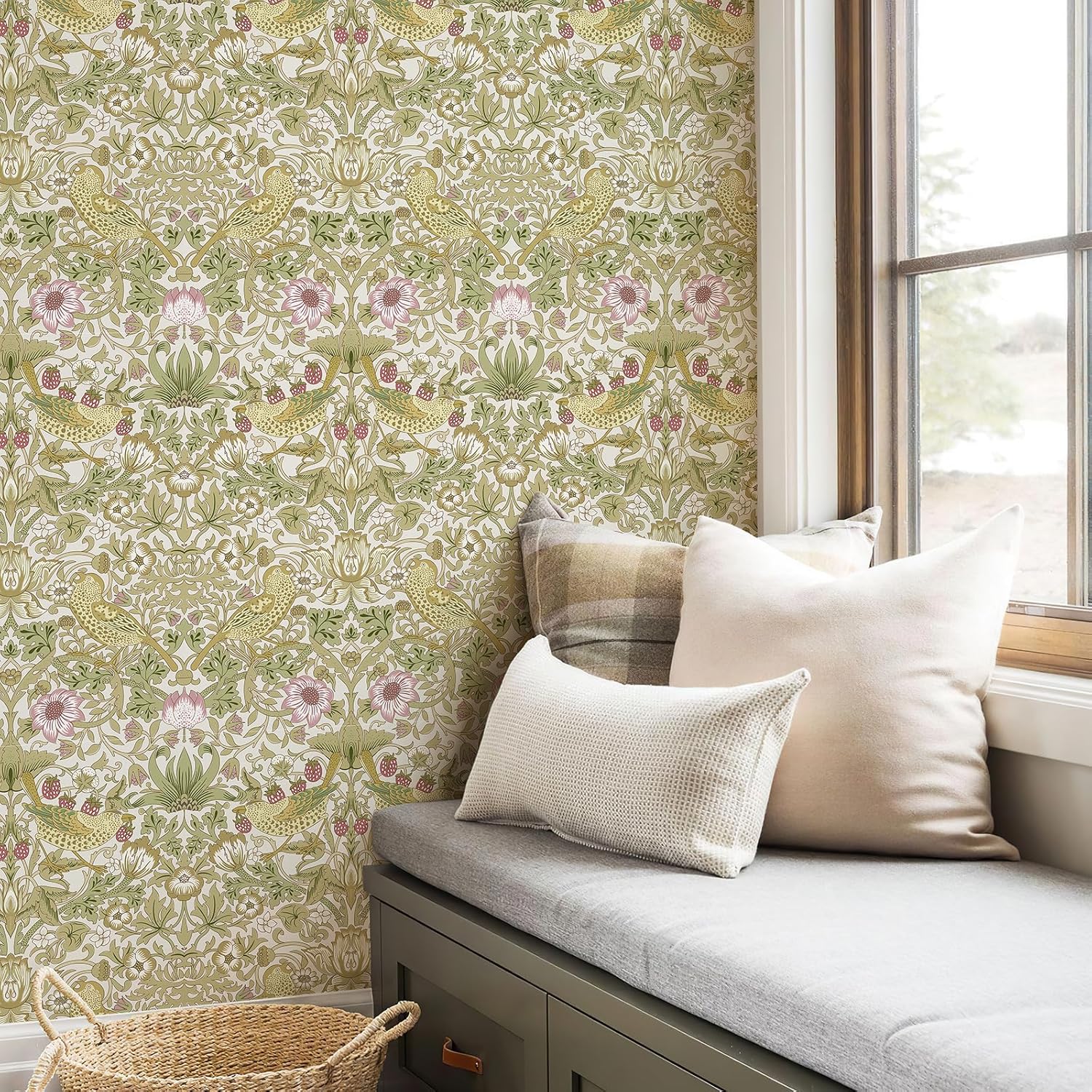 Vintage Floral, Bird, and Strawberry Pattern Wallpaper