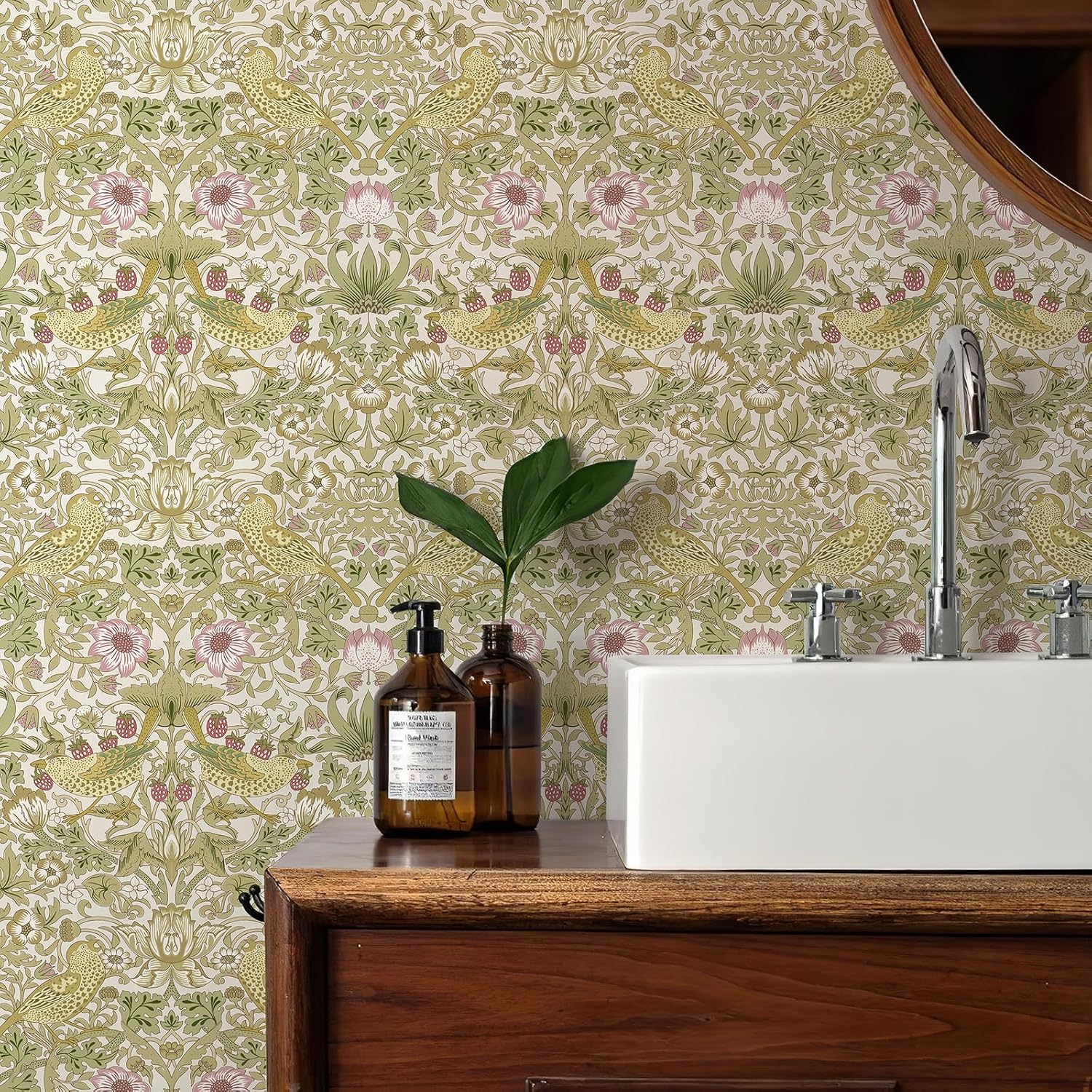 William Morris Self-Adhesive Wallpaper—Vintage Floral, Bird, and Strawberry Pattern