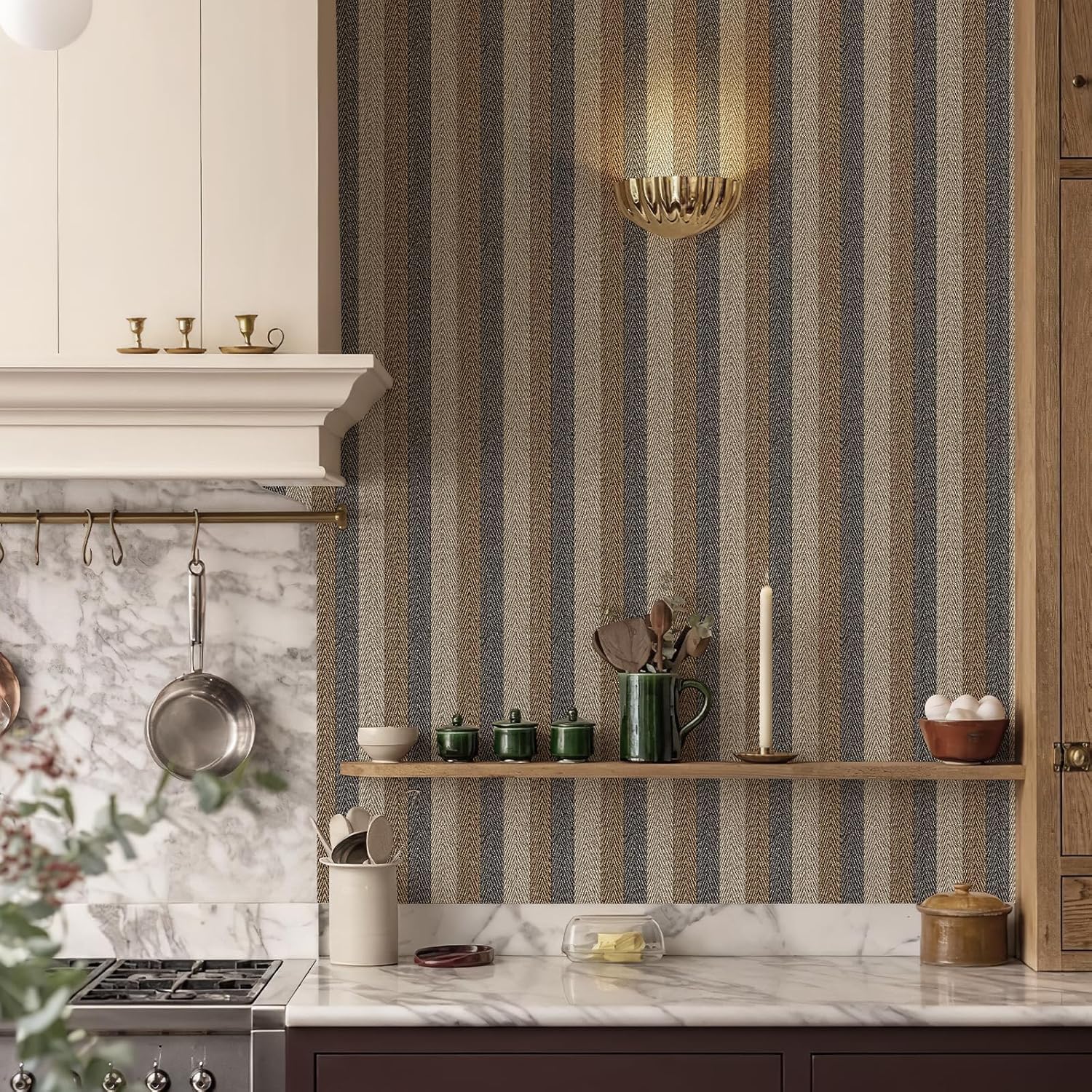 Textured Fabric Wallpaper — Beige/Brown/Gray Striped Woven Texture, Faux-Linen Feel