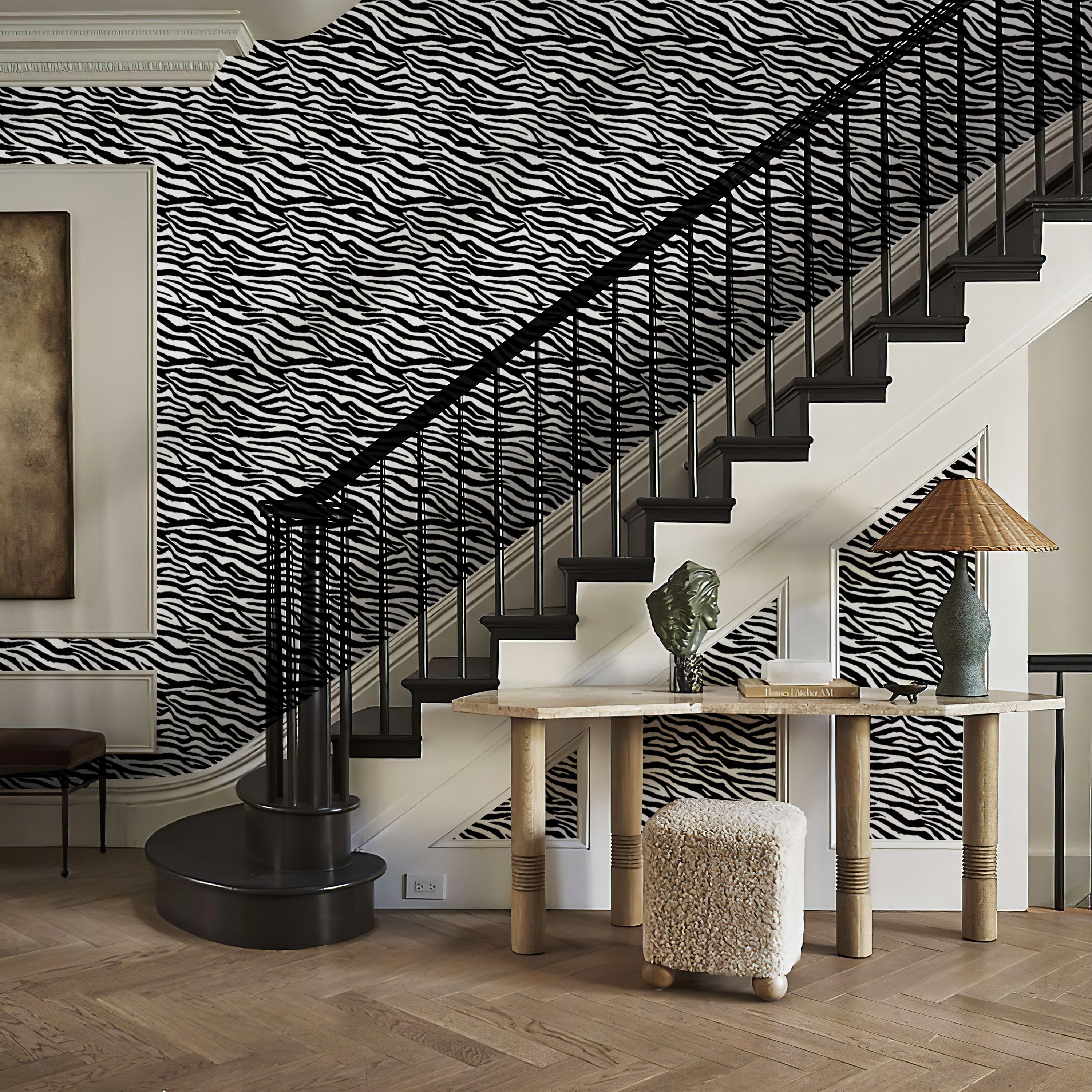 Black-and-white zebra-striped self-adhesive wallpaper suitable for staircase feature walls.
