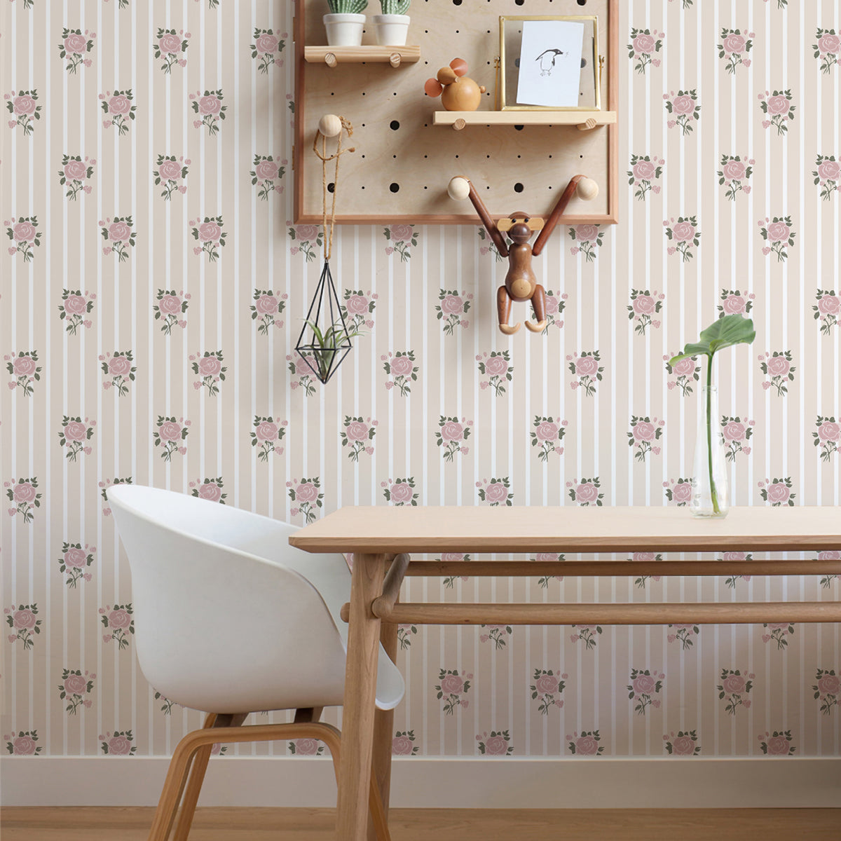 Blush Rose Stripe Peel Stick Wallpaper, floral stripe wall for home office desk space