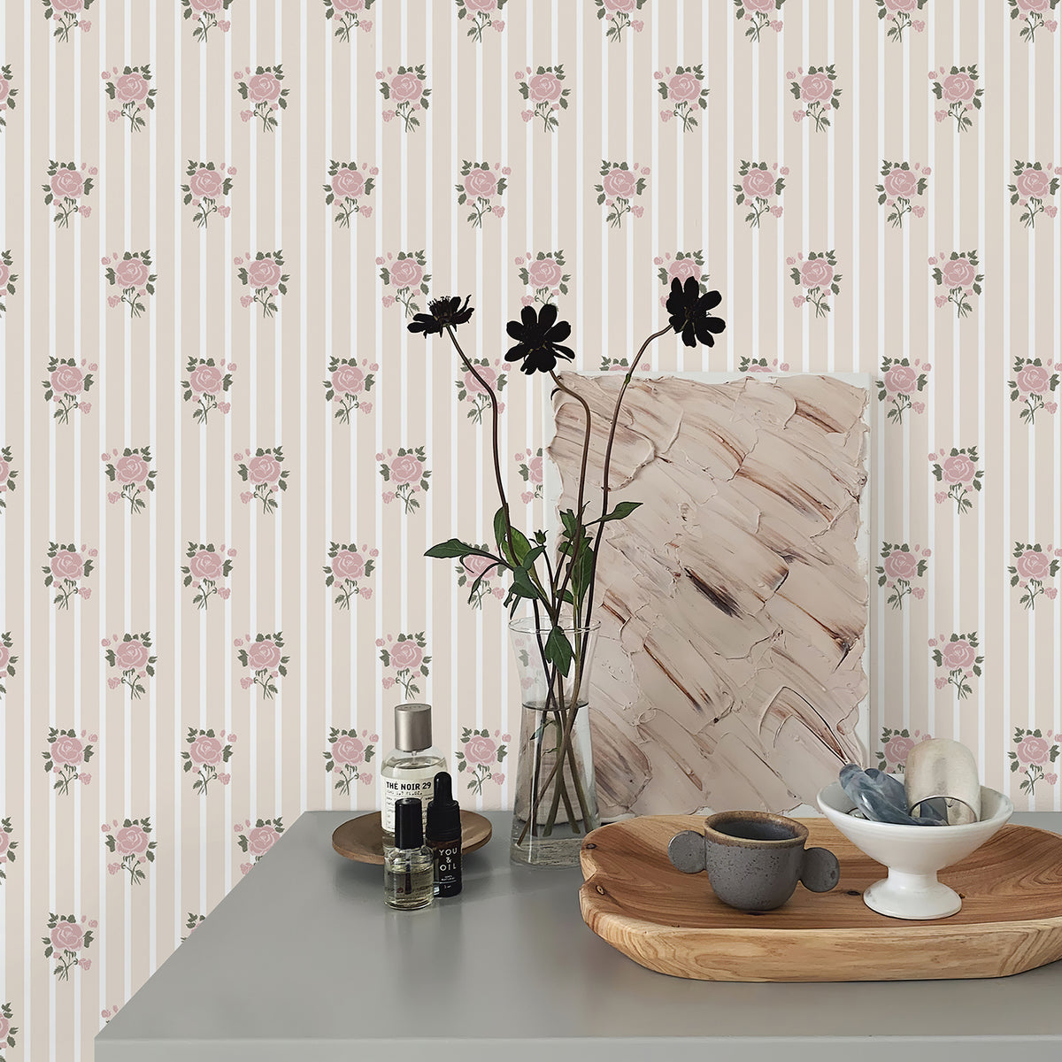 Blush Rose Stripe Wallpaper close‑up view, delicate floral stripe texture