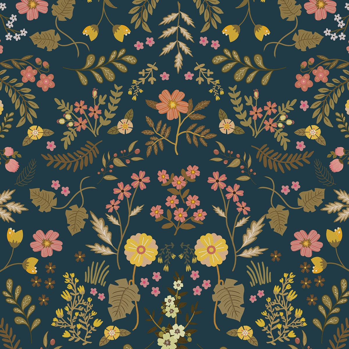 Close‑up detail shot of the floral pattern, clearly displaying hand‑drawn pink, yellow wild blossoms, varied leaves and deep navy‑blue background.