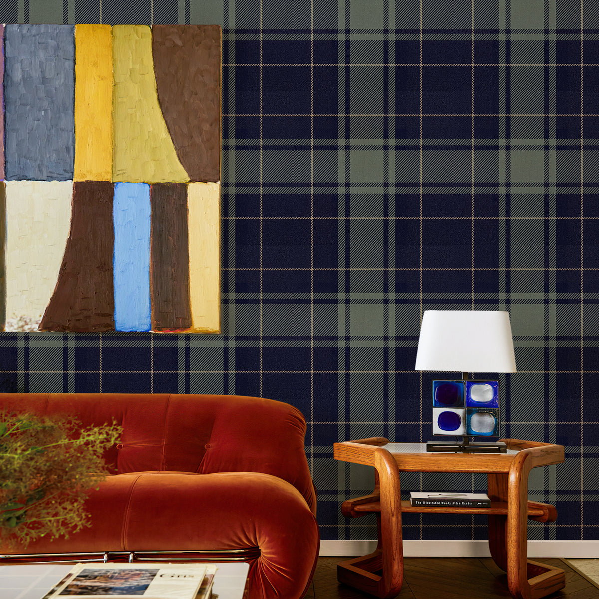 Dark Academia navy hunting tartan self adhesive wallpaper mid century living room