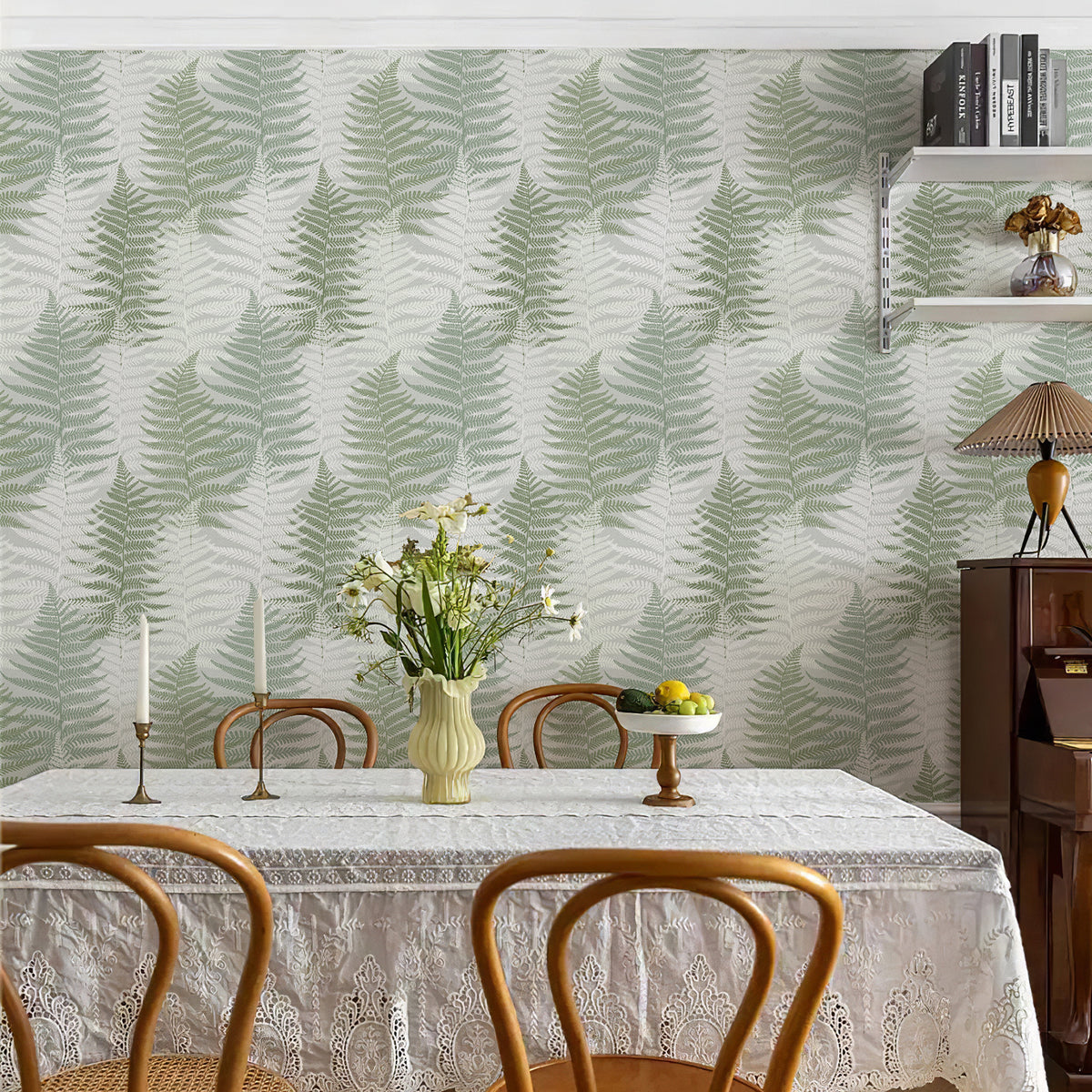 Fern Leaf Botanical Peel and Stick Wallpaper soft sage green fern leaf dining room wall decor