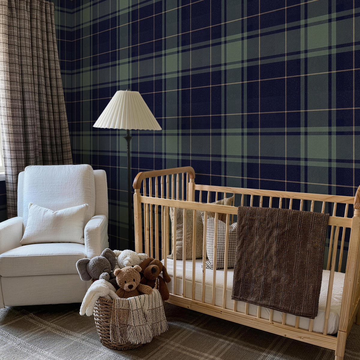 Navy Tartan Hunting Plaid Dark Academia peel and stick wallpaper nursery accent wall