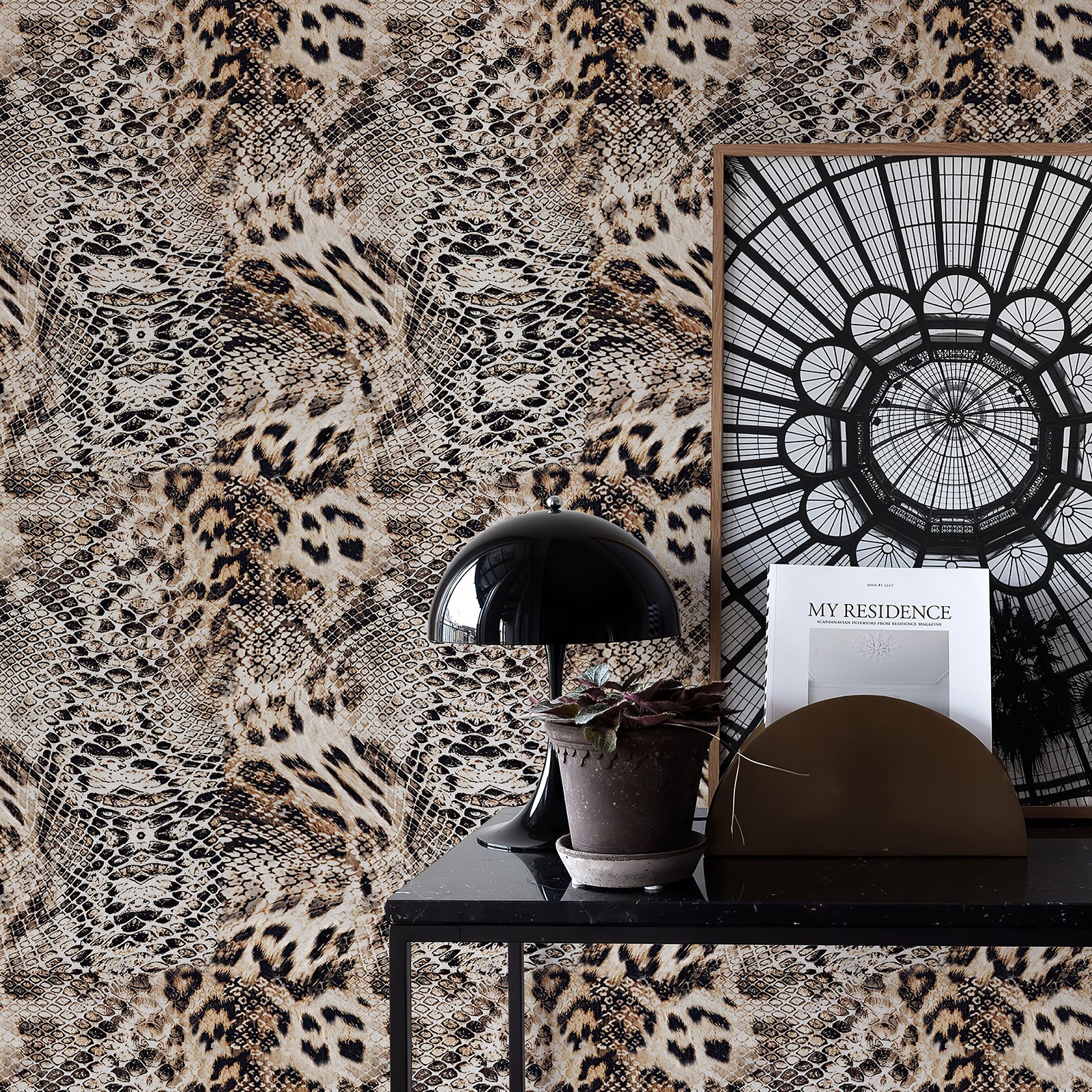 Self-adhesive wallpaper featuring leopard and snake skin patterns, suitable for living room wall decoration.