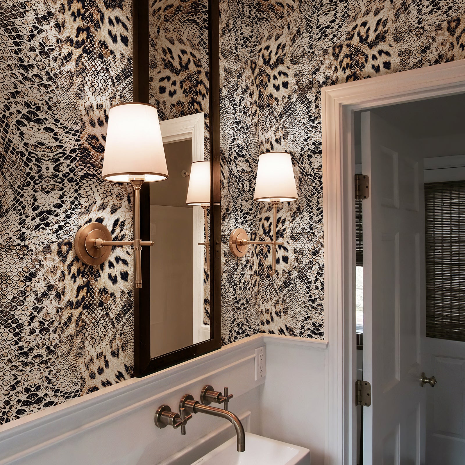 Self-adhesive wallpaper featuring leopard and snake skin patterns, suitable for bathroom wall decoration.