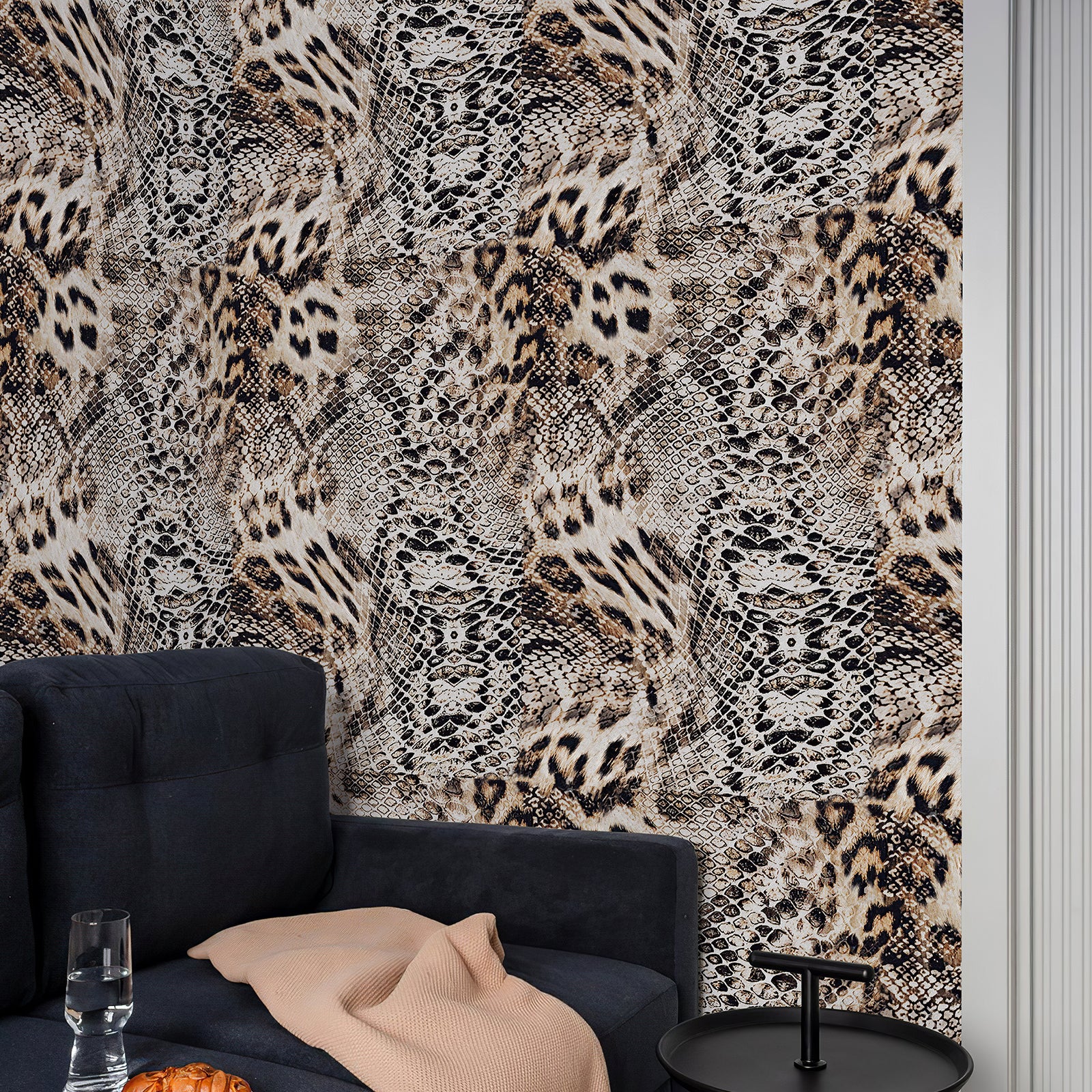 Self-adhesive wallpaper featuring leopard and snakeskin patterns, used to decorate living room walls.