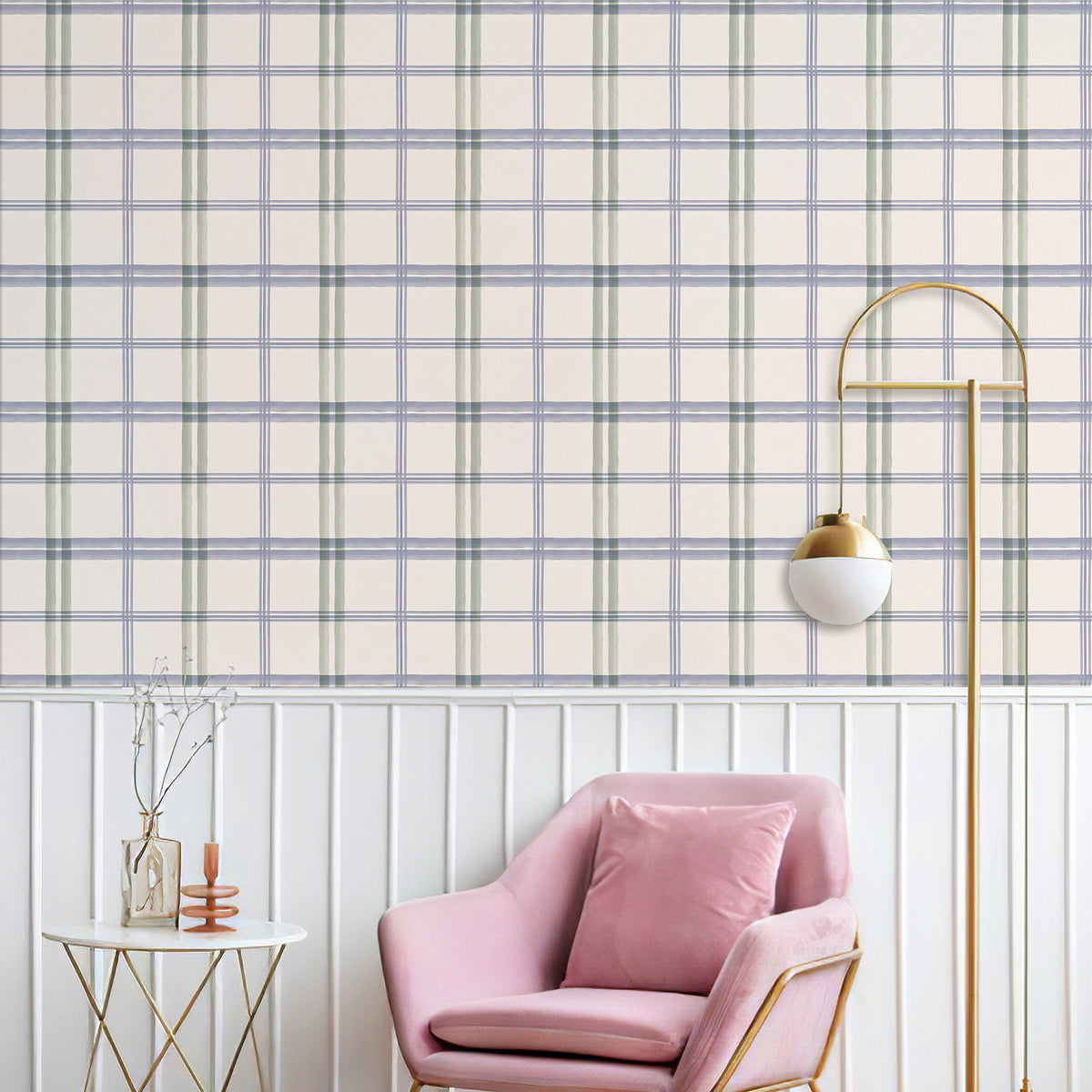 Soft green‑blue plaid grid removable peel stick wallpaper farmhouse living room interior decor