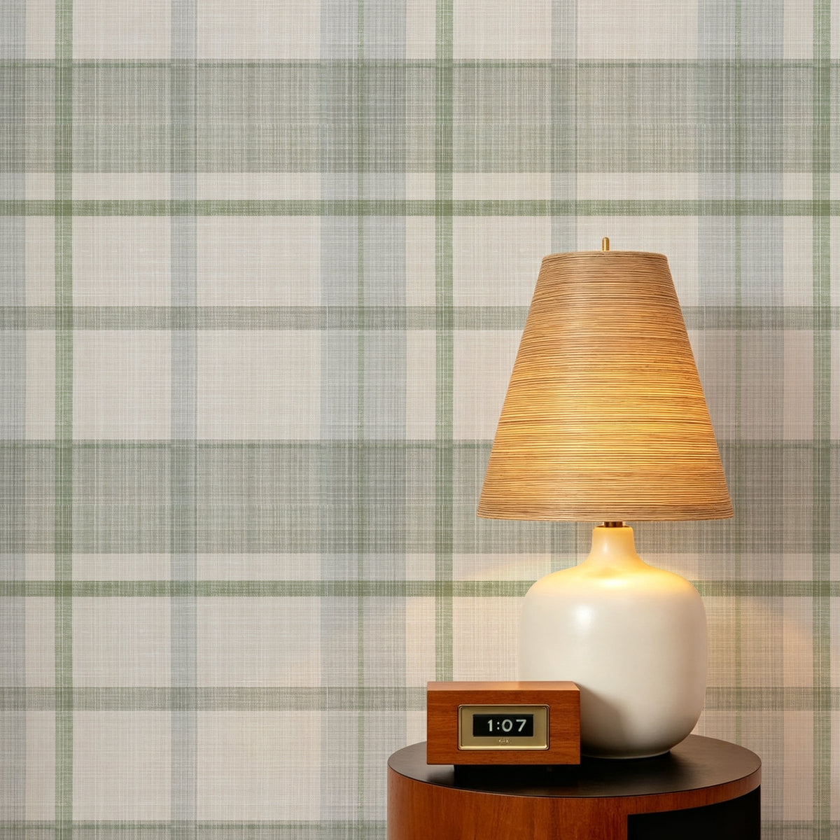 Textured sage cream woven plaid cottage self‑adhesive wallpaper bedside wall view