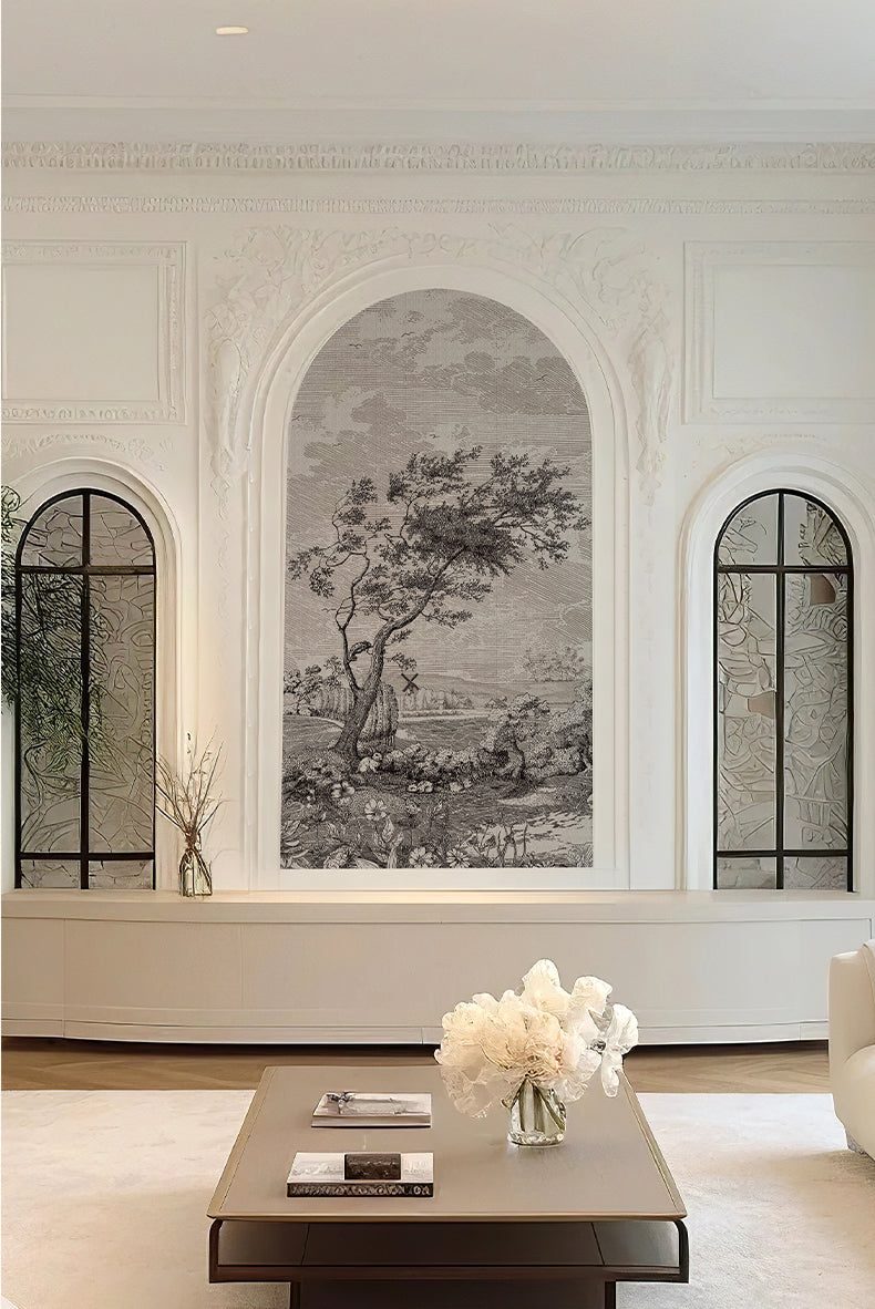 Vintage Countryside Arch Peel and Stick Wall Decal on a modern living room accent wall