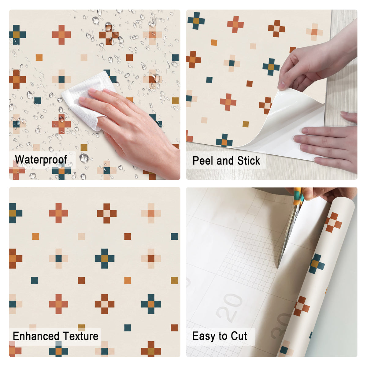 Waterproof easy‑cut rustic cross stitch stamp textured peel and stick wallpaper features