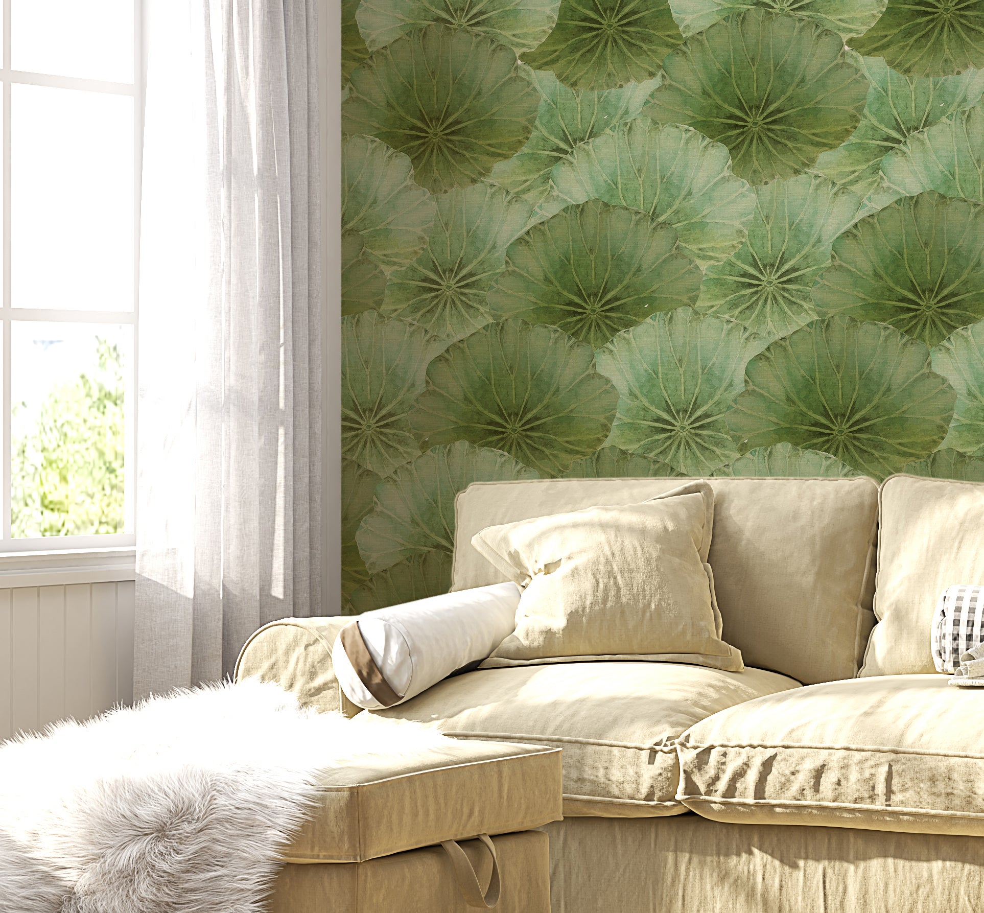 Green Watercolor Lotus Peel and Stick Wallpaper on a modern living room accent wall
