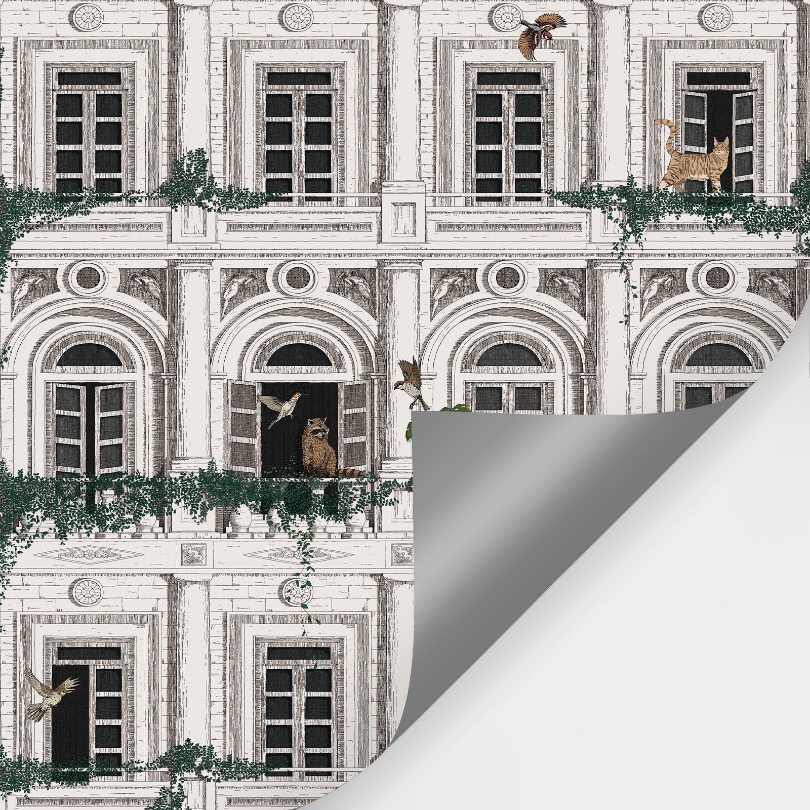 Classical Building with Plants and Animals Peel and Stick Wall Mural