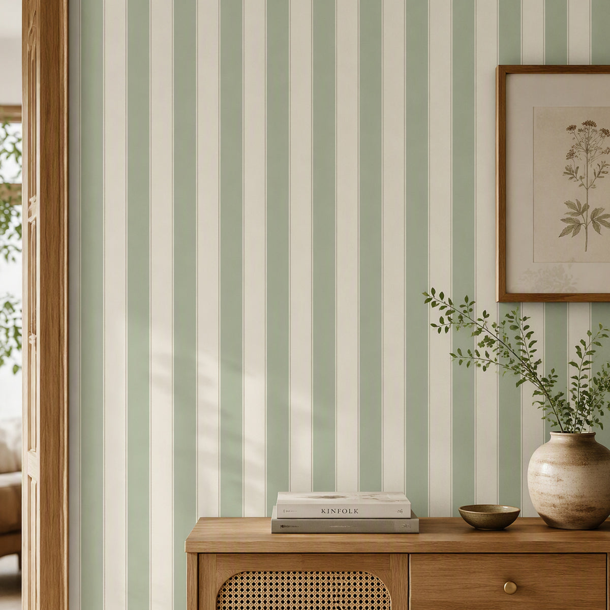 jiffdiff Sage Green Vertical Stripe Wallpaper close‑up, linen textured peel and stick wall covering USA