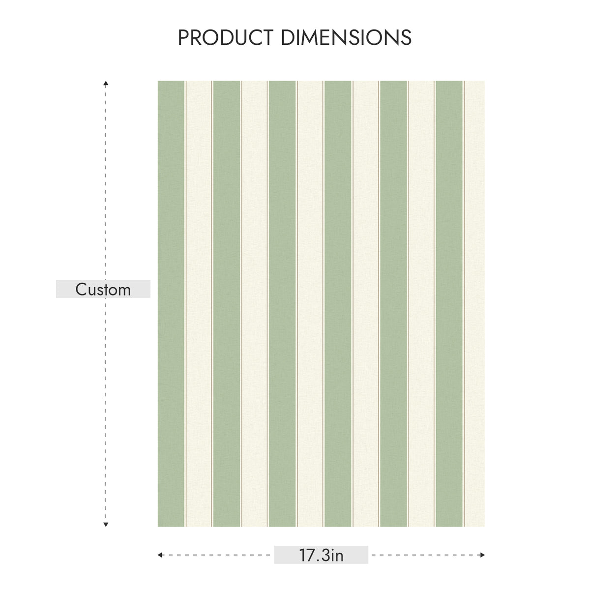 jiffdiff Sage Green Vertical Stripe Wallpaper product dimension chart, custom size for US home