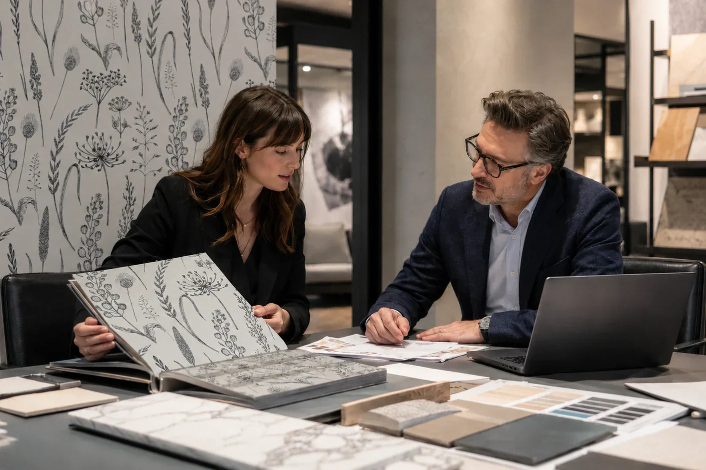 B2B buyers reviewing peel and stick wallpaper samples for wholesale sourcing