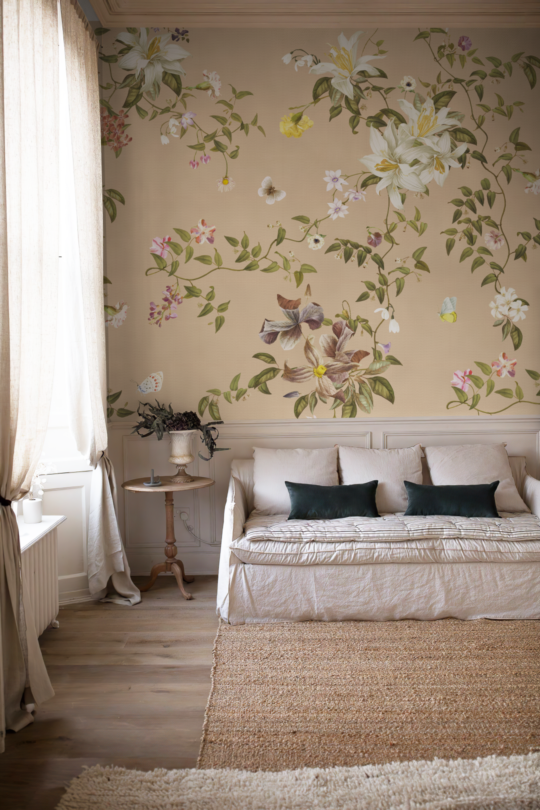 Floral Vine & Butterfly Peel and Stick Wall Mural on a modern living room accent wall