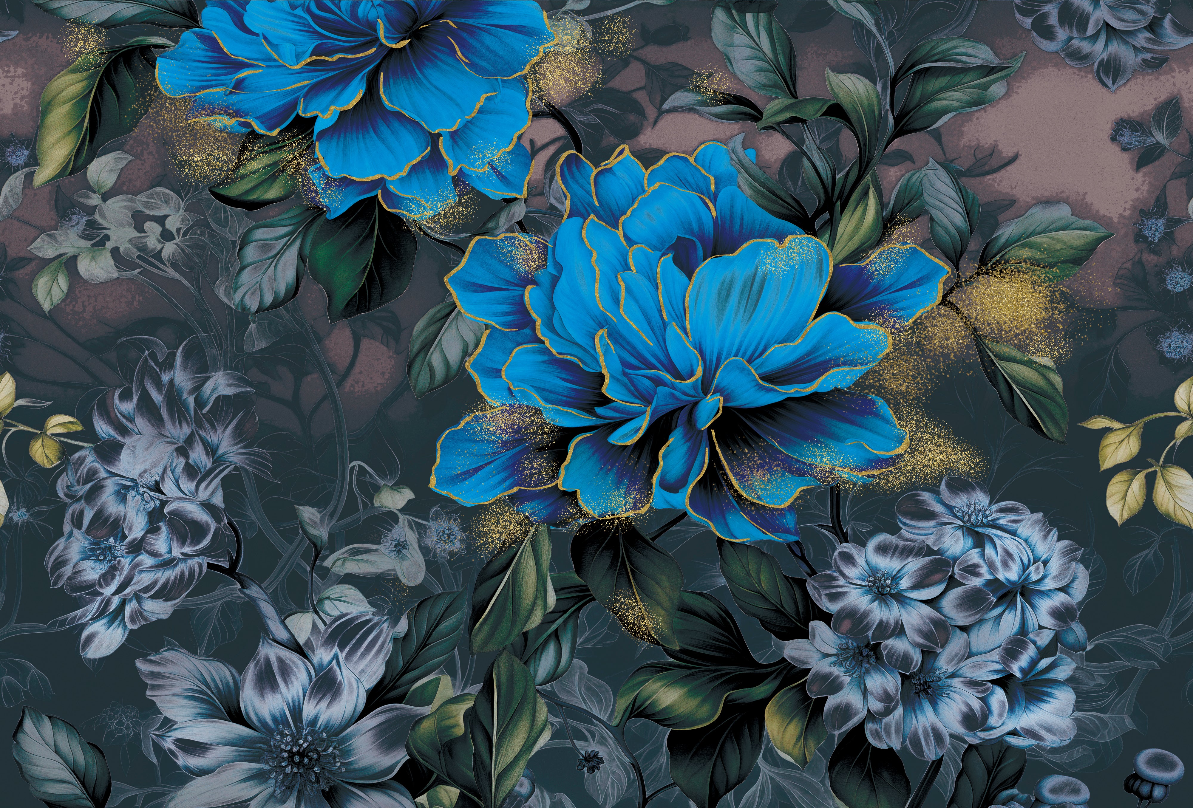 Blue & Gold Floral Peel and Stick Wall Mural