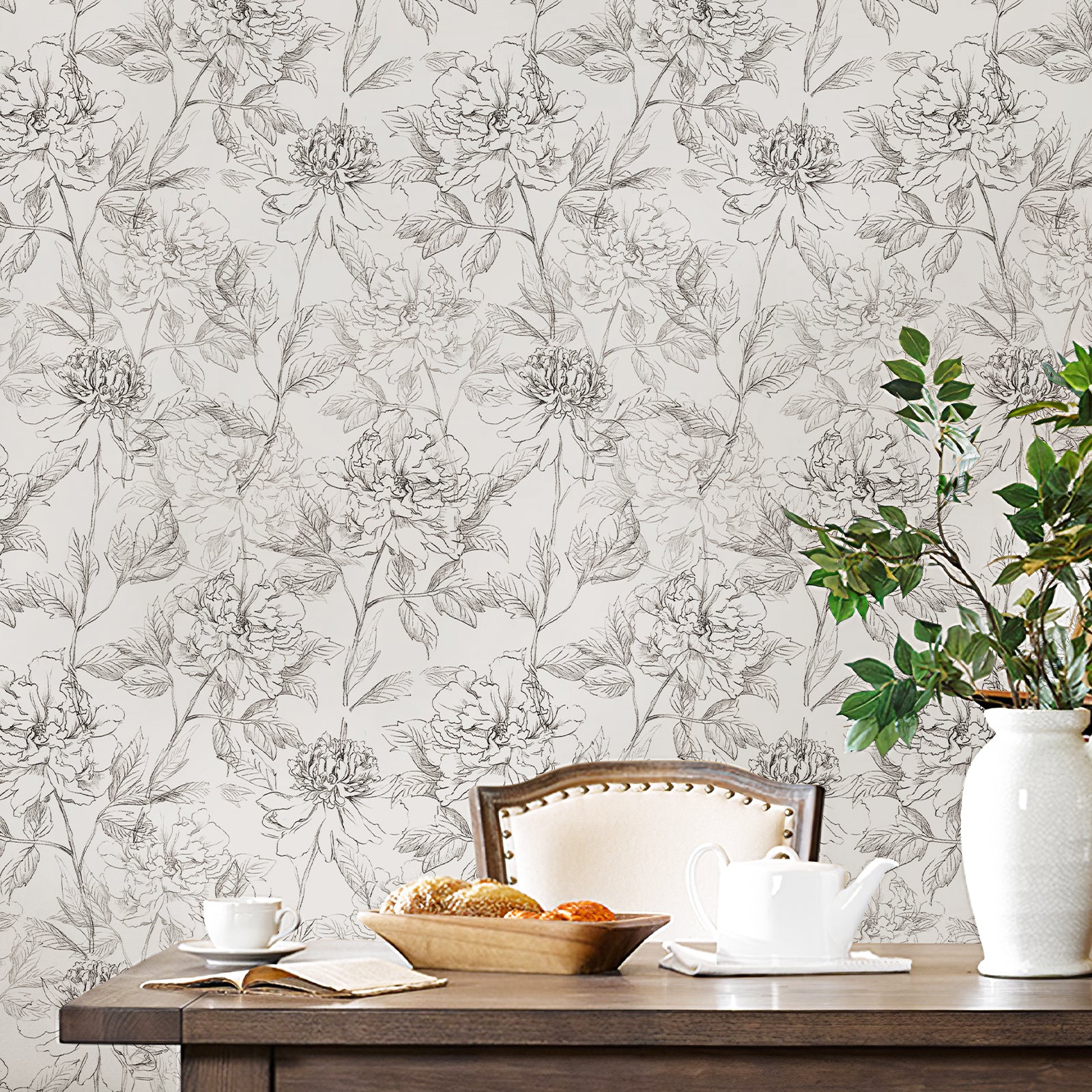 Flow of Years Sketch Peony Peel and Stick Wallpaper