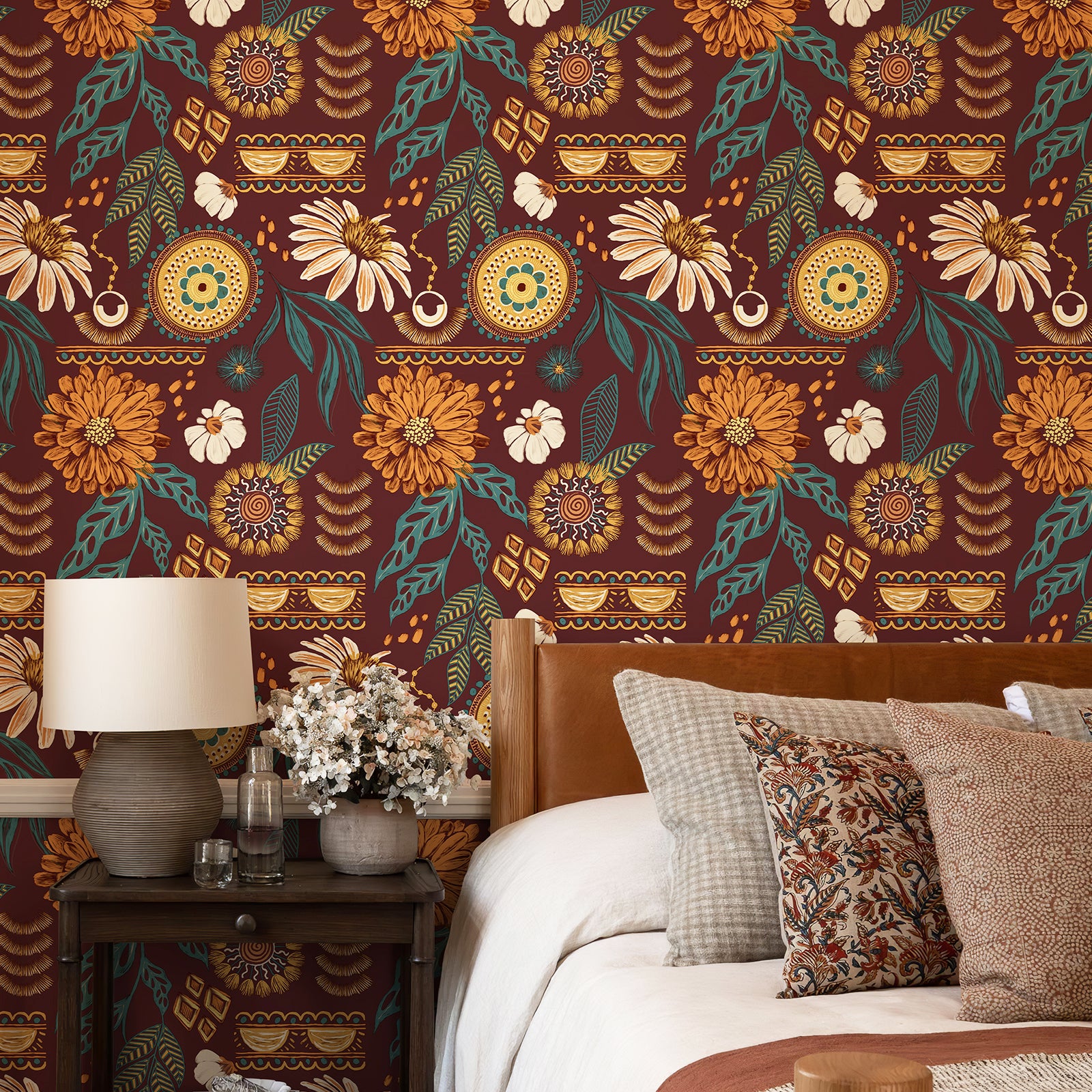 Bohemian-Style Sunflower and Floral Pattern Wallpaper