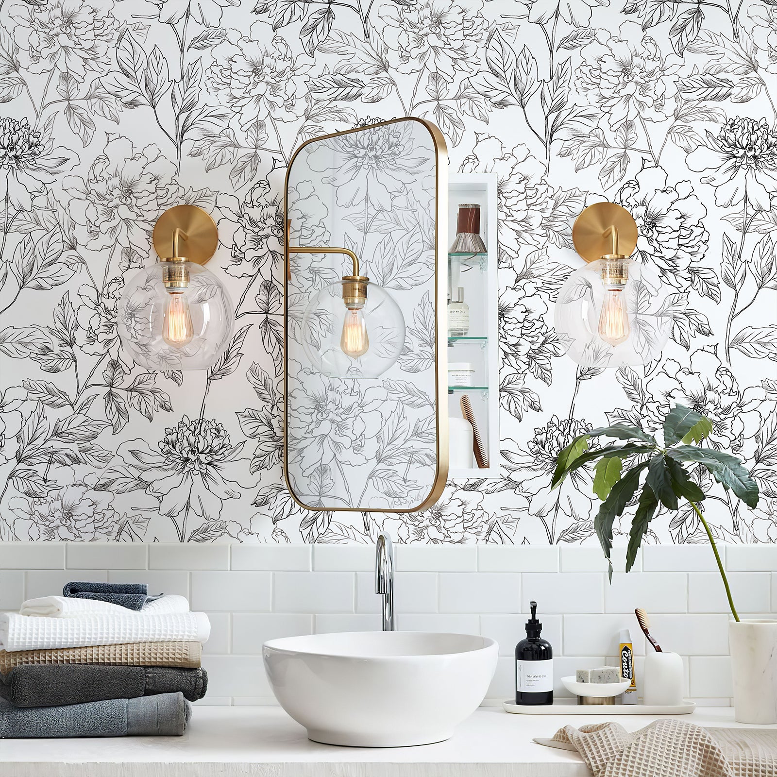 Flow of Years Sketch Peony Peel and Stick Wallpaper
