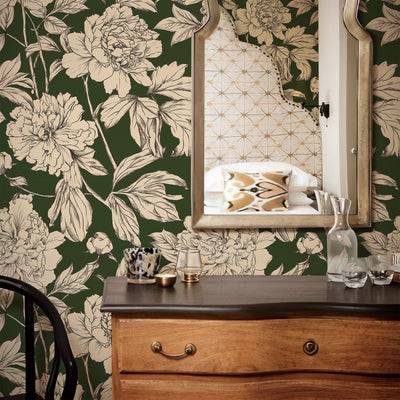 Green Floral Line Botanical Peel and Stick Wallpaper
