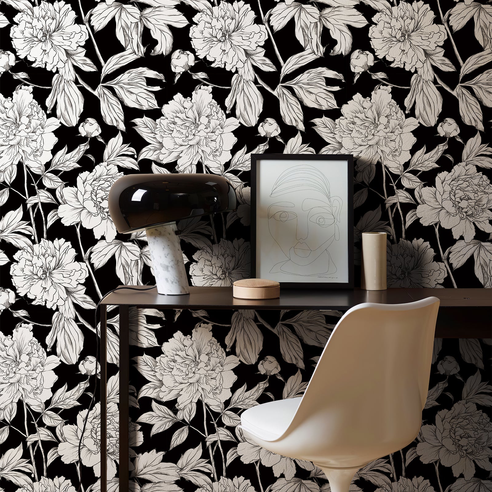 Green Floral Line Botanical Peel and Stick Wallpaper