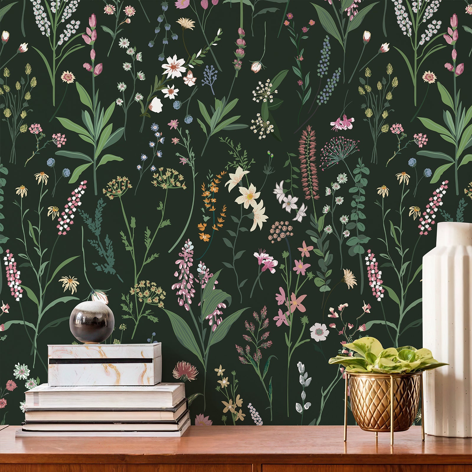 Green Meadow Botanical Floral Peel and Stick Wallpaper