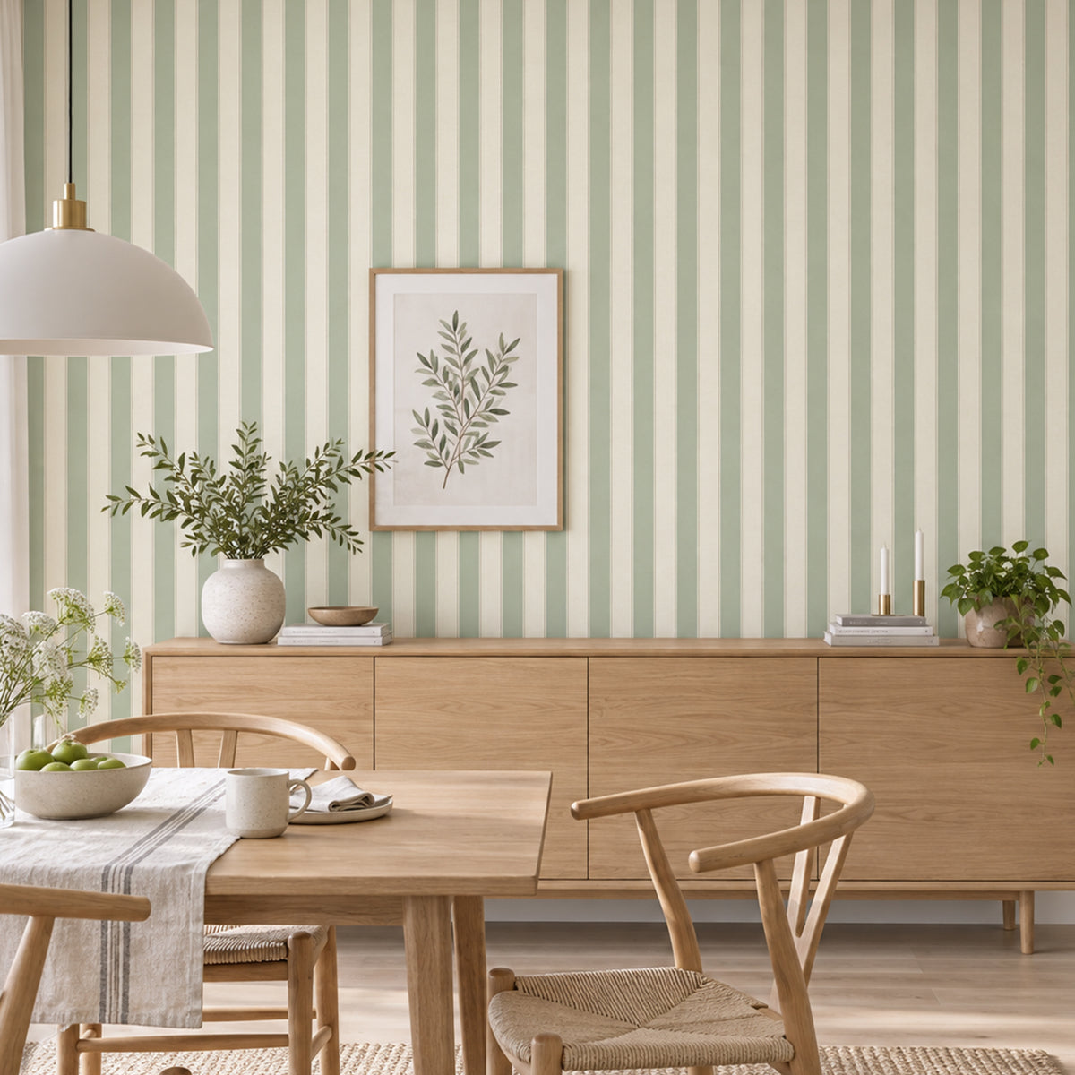 Sage Green Linen Texture Vertical Stripe Wallpaper