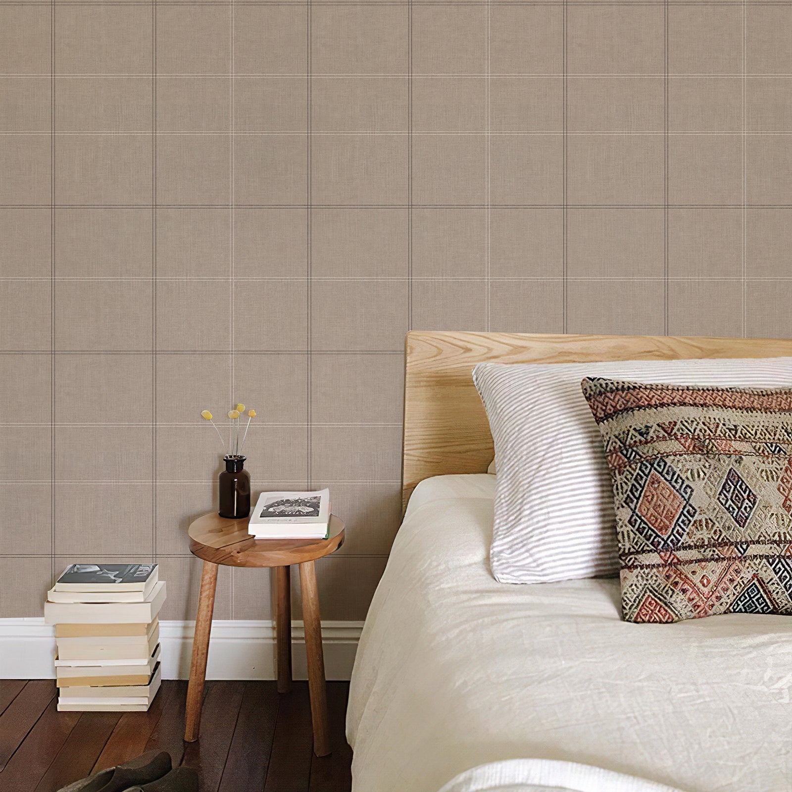 Truffle Brown Linen Textured Grid Peel and Stick Wallpaper