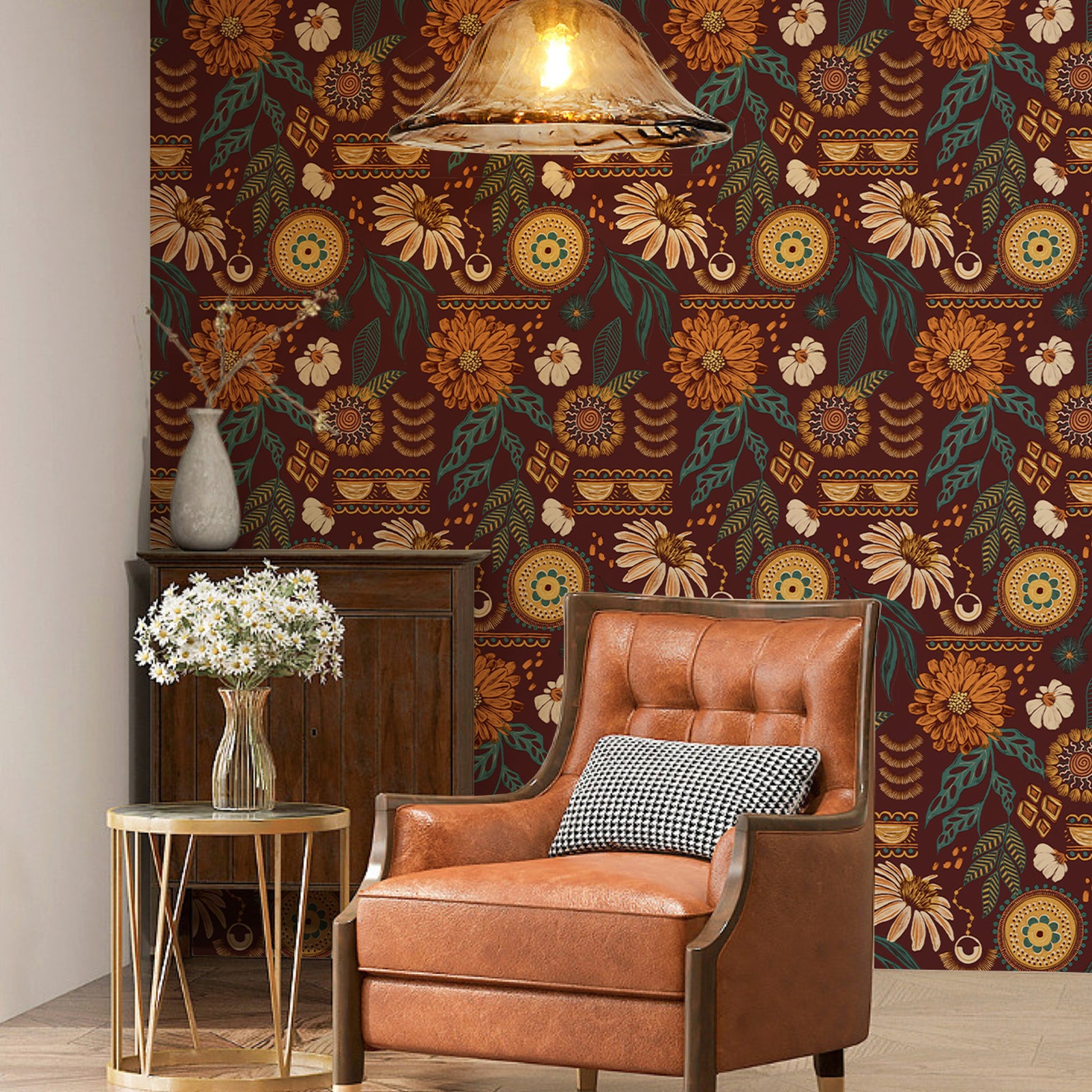 Bohemian-Style Sunflower and Floral Pattern Wallpaper