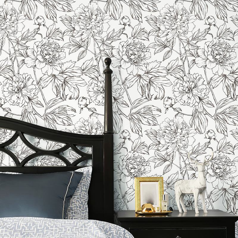 Line Art Peony Sketch Flower Peel and Stick Wallpaper
