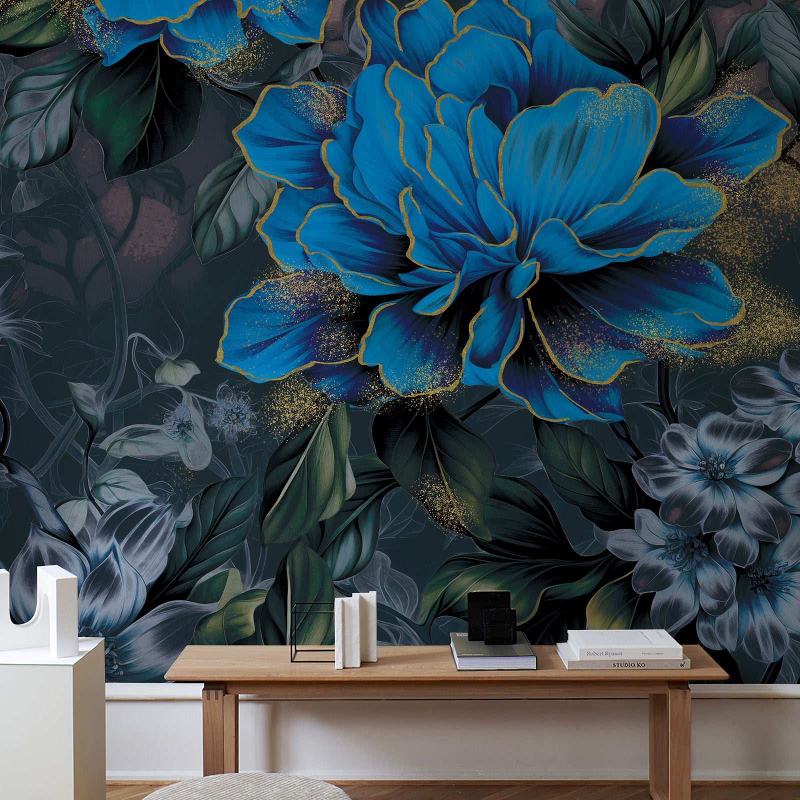 Blue Gold Floral Peel and Stick Wall Mural