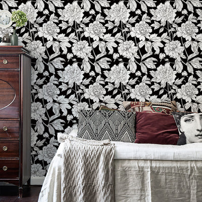 Green Floral Line Botanical Peel and Stick Wallpaper