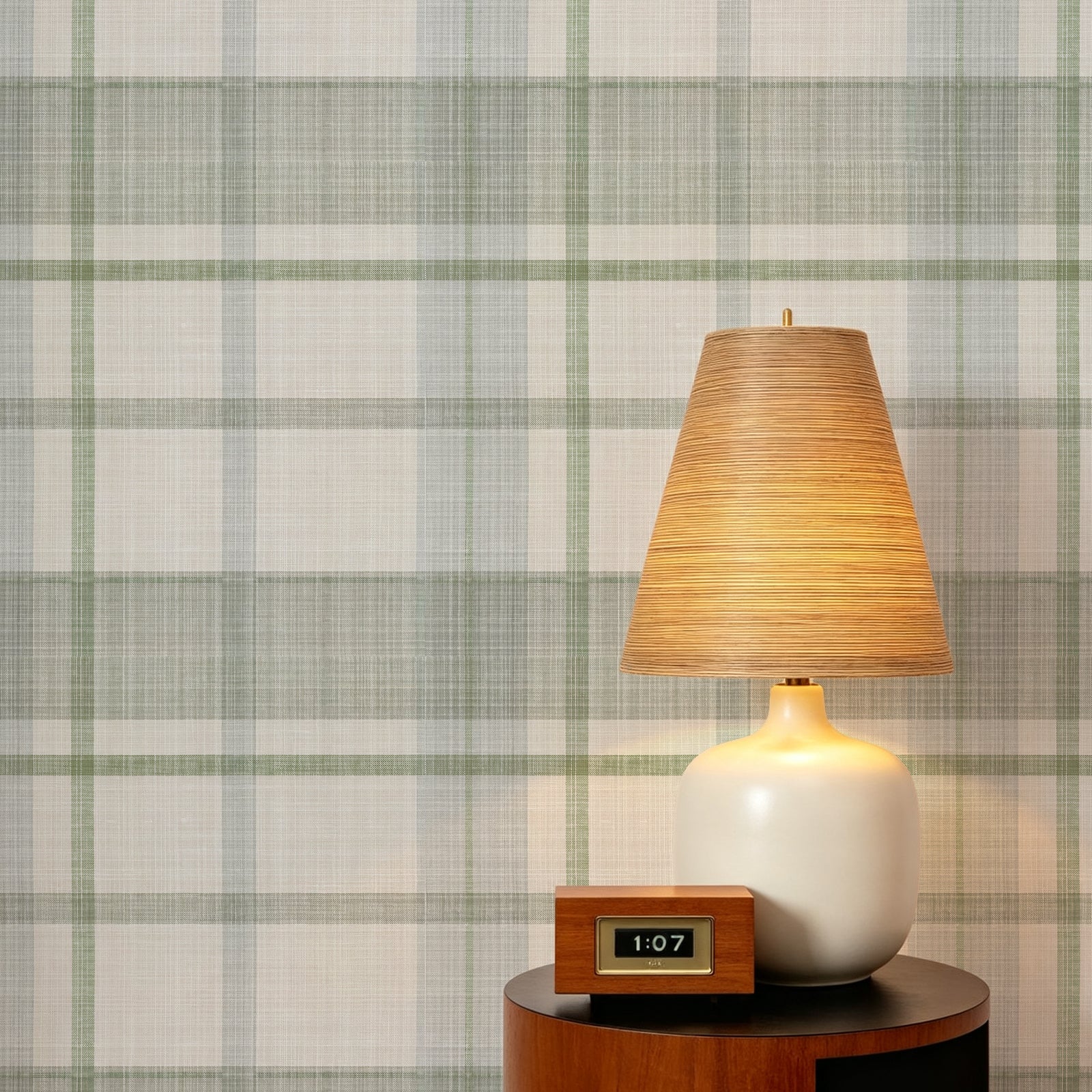 Sage Cream Woven Plaid Cottage Peel and Stick Wallpaper